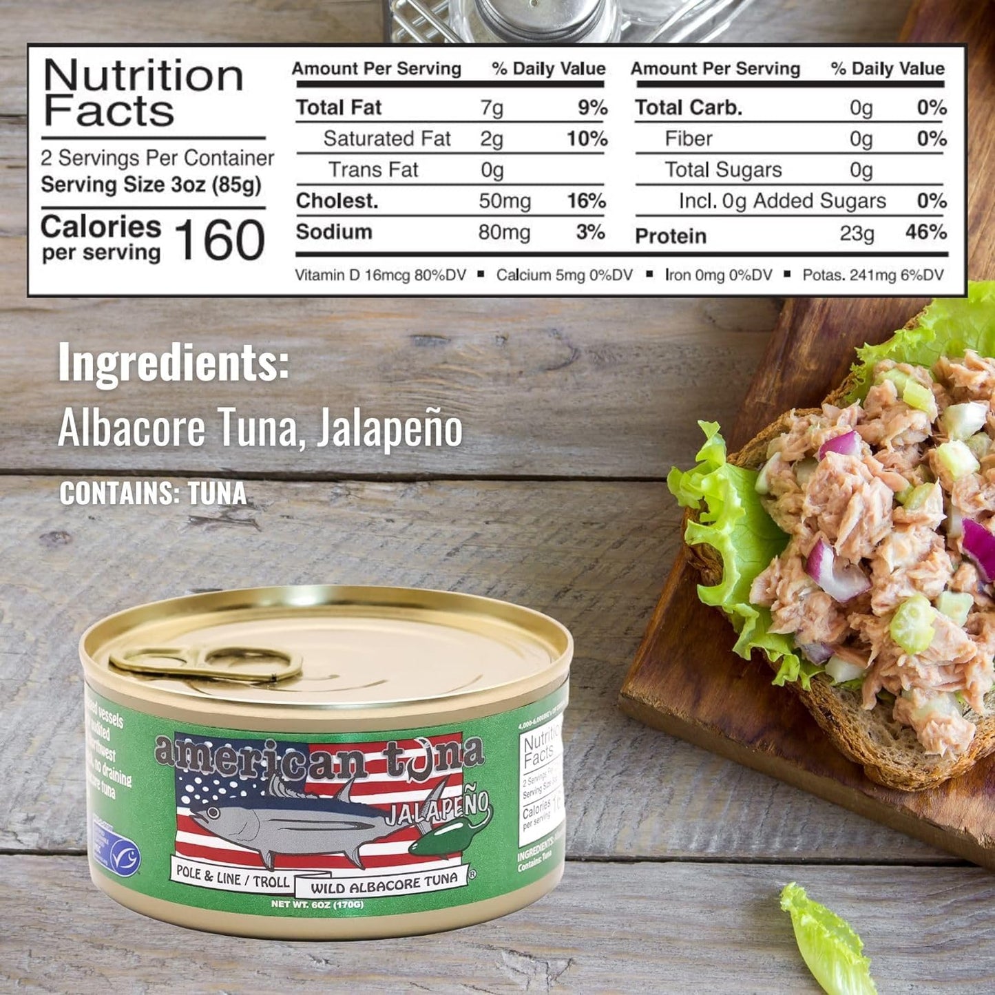 American Tuna Sushi-Grade Wild Albacore Tuna, Jalapeno Flavor, 6 oz Cans, Pack of 6, MSC Certified, Sustainably Caught