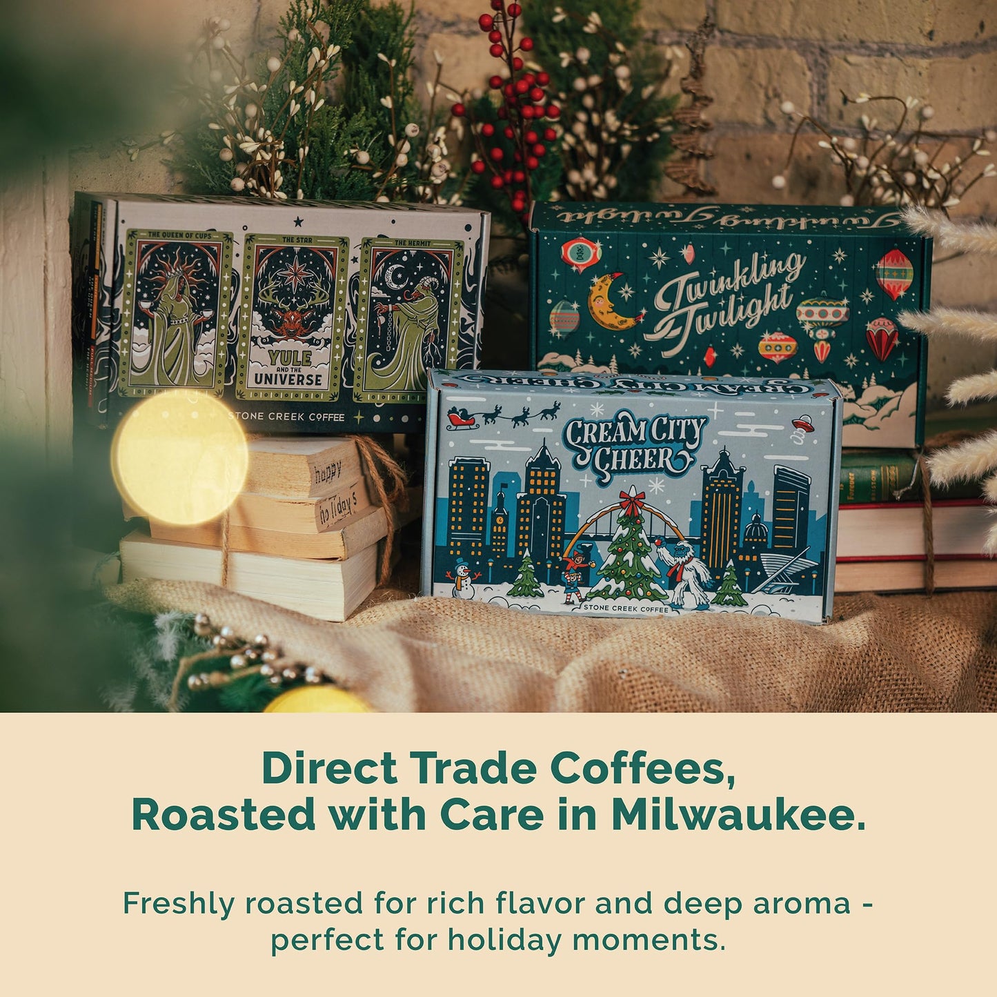 Stone Creek Coffee Twinkling Twilight Box Dark, Medium, And Light Roast (8 Oz, Pack Of 3) – Whole Bean Coffee Sampler, Holiday Limited-Edition Gift Set, Juicy, Balanced And Bold Roasted Coffee Beans