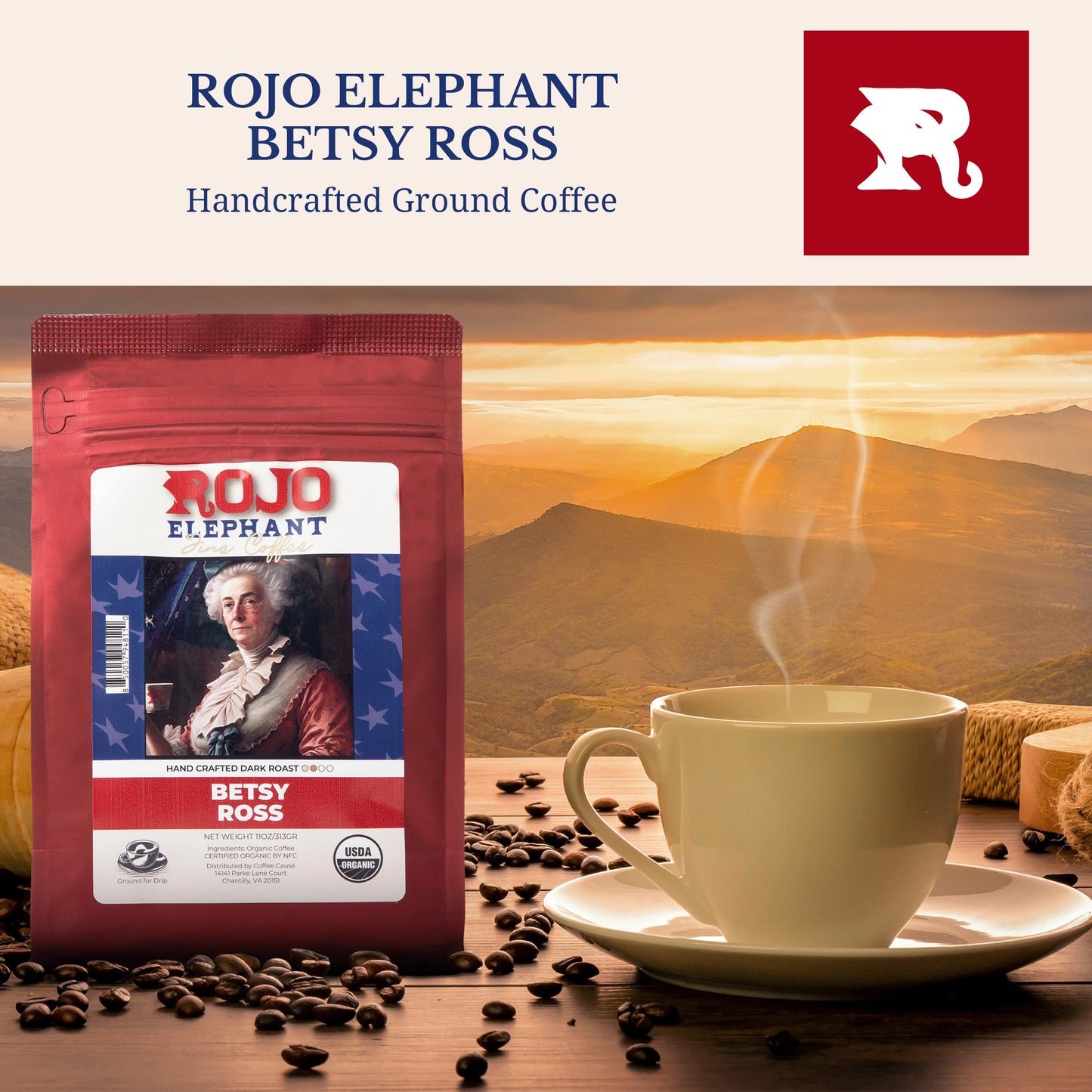 Rojo Elephant Betsy Ross Handcrafted Ground Coffee, Made From 100% Arabica Beans, Premium Dark Roast, Smooth, Rich Flavor, Usda