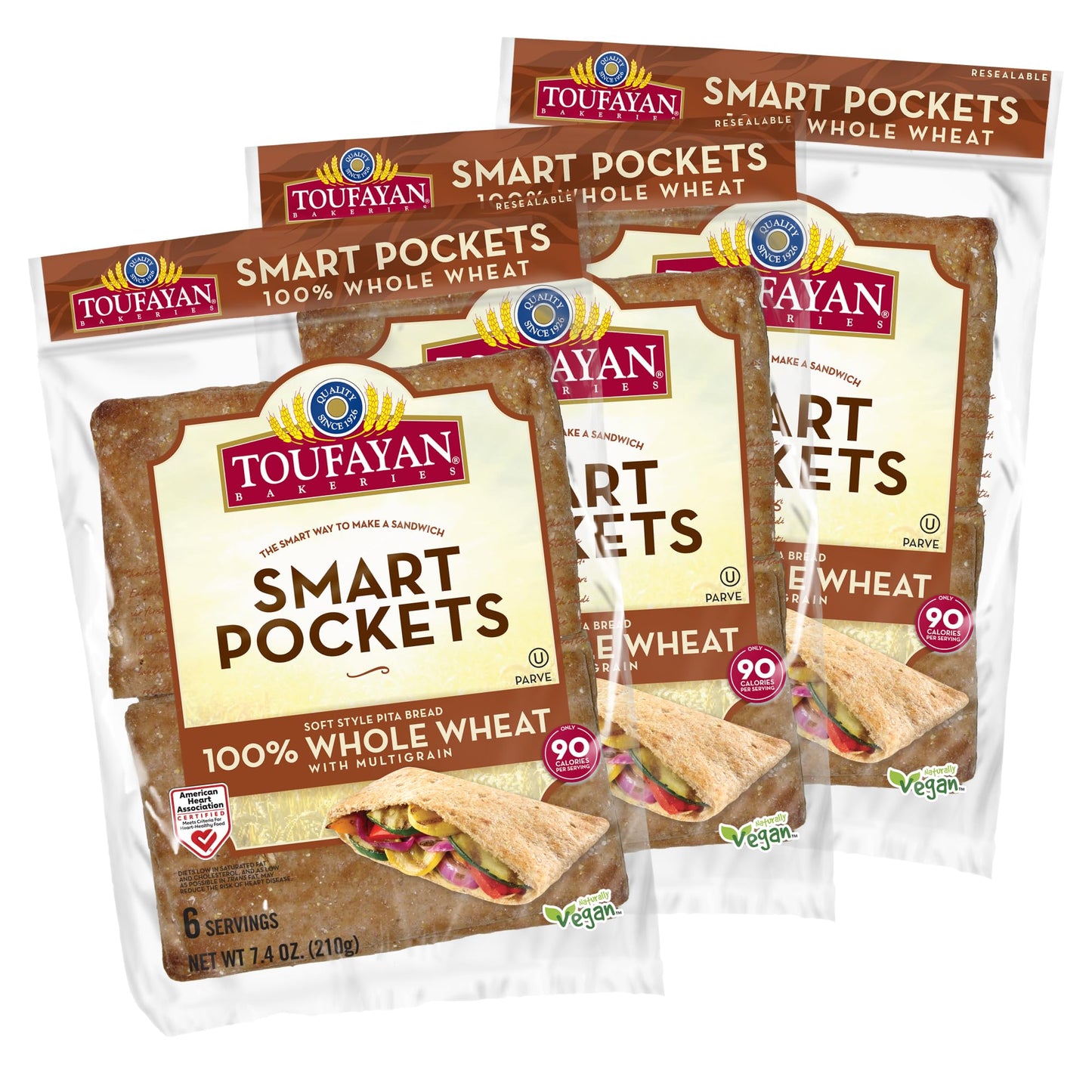 Toufayan Whole Wheat Smart Pockets Pita Bread | Low Sodium | Low Calorie | Vegan (3 Pack, 18 Pitas Total)