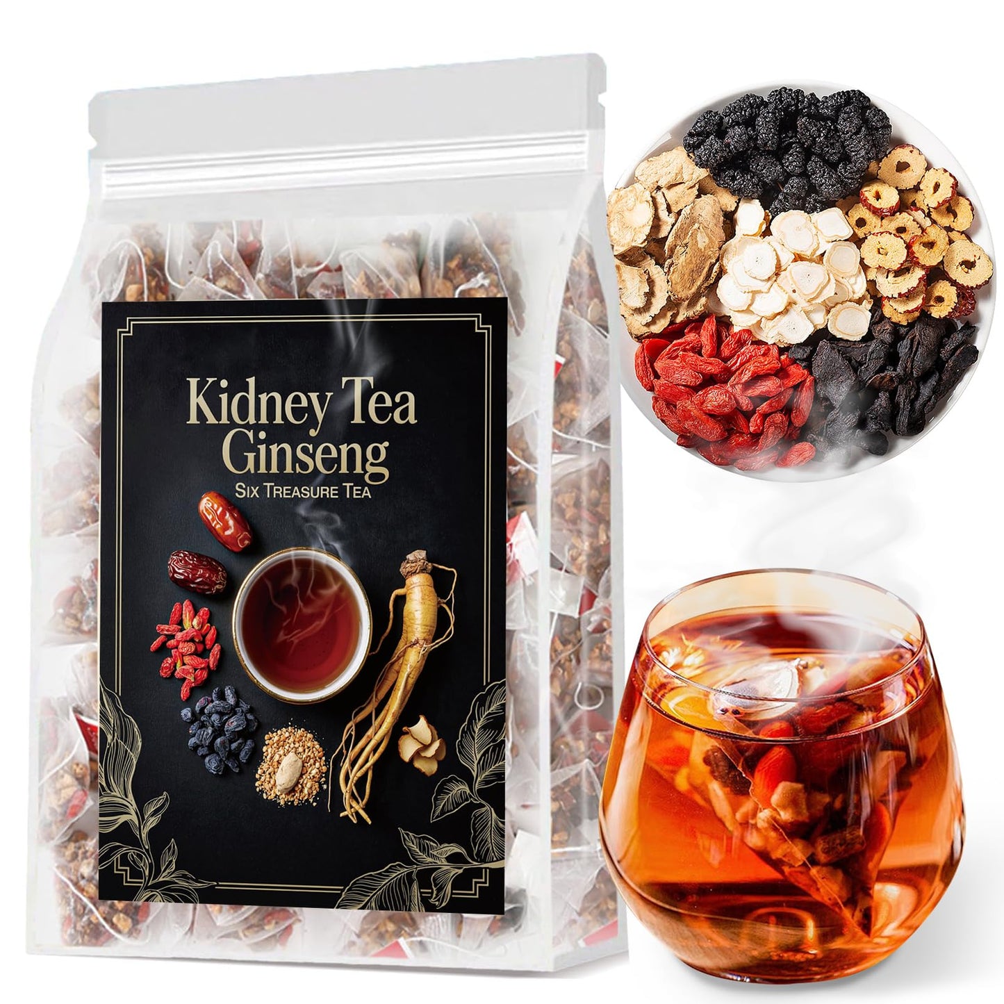 Ginseng Six Treasure Tea - Traditional Kidney Tea for Men & Women, Natural Herbal Formula Bags with 6 Precious Ingredients, Gift