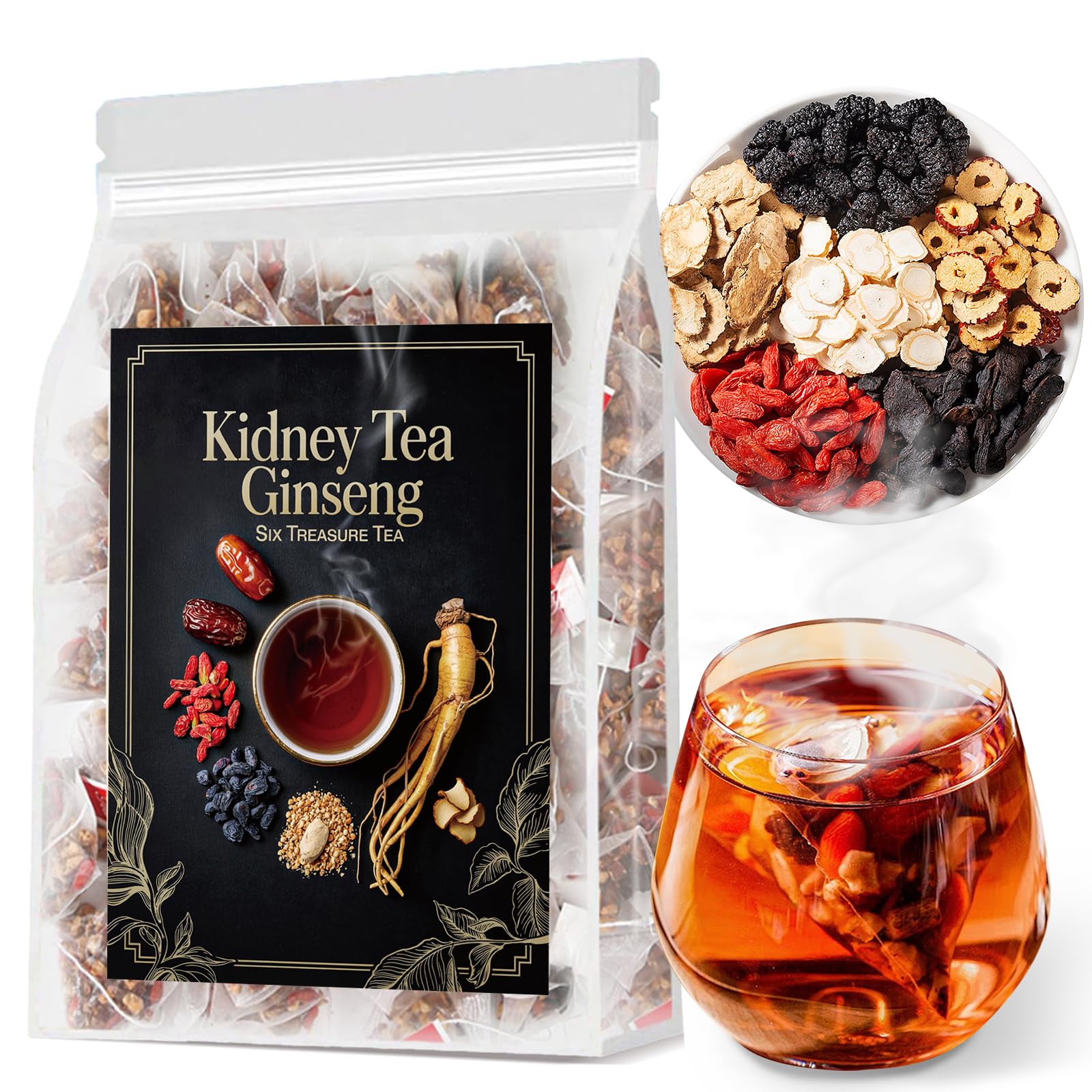 Ginseng Six Treasure Tea - Traditional Kidney Tea for Men & Women, Natural Herbal Formula Bags with 6 Precious Ingredients, Gift