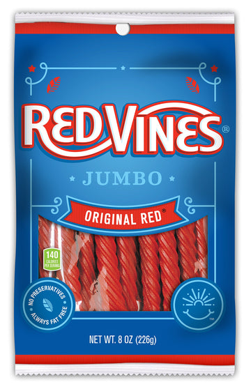 Red Vines Jumbo Licorice, Original Red Flavor, 8Oz Bags (12 Pack), Soft & Chewy Candy Twists