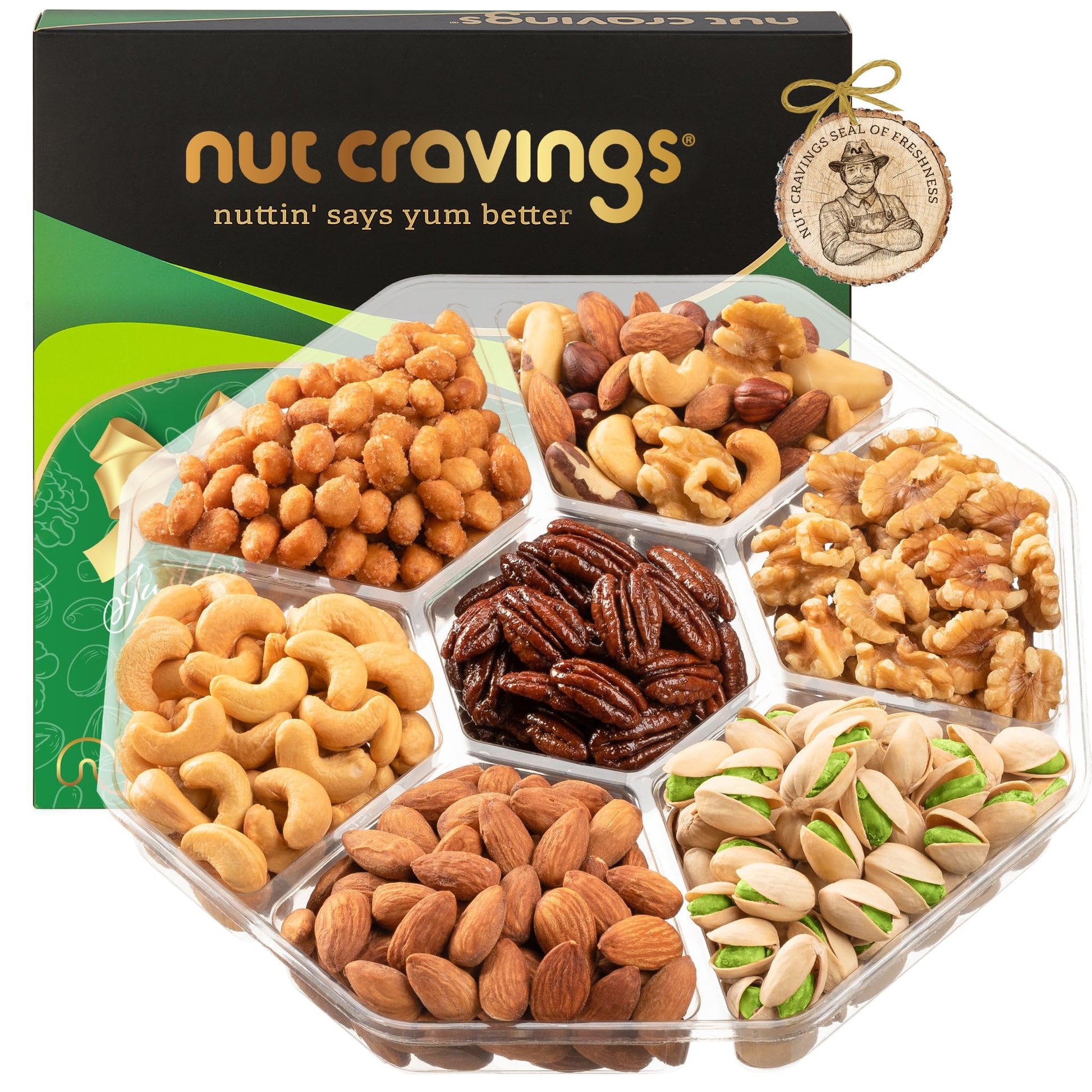 Nut Cravings Gourmet Collection - Rosh Hashana & Shana Tova Mixed Nuts Gift Basket In Green Gold Box (7 Assortments, 1 Lb) Arran