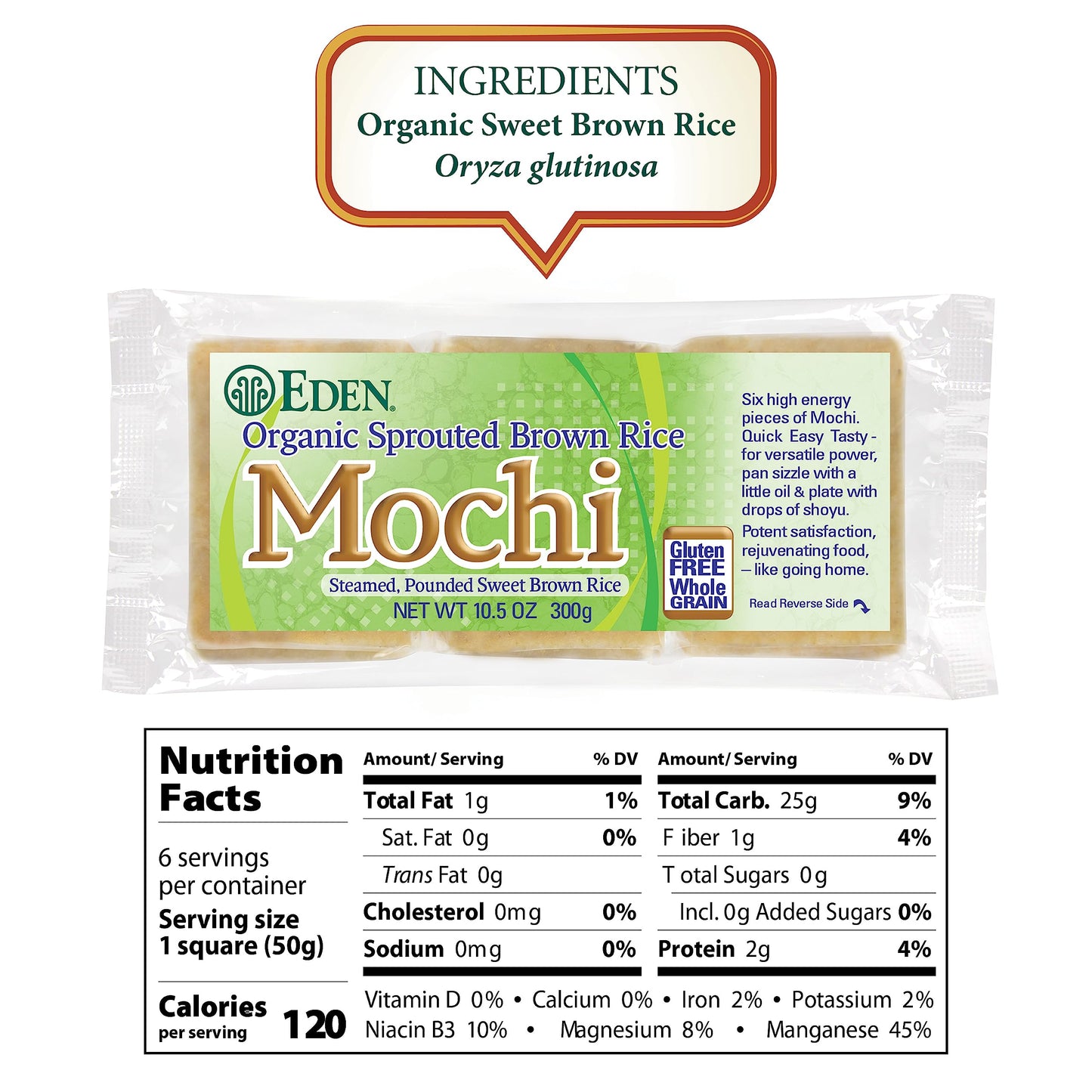 Eden Organic Sprouted Brown Rice Mochi, 100% Sprouted Whole Grain, Traditionally Made in Japan, 10.5 oz