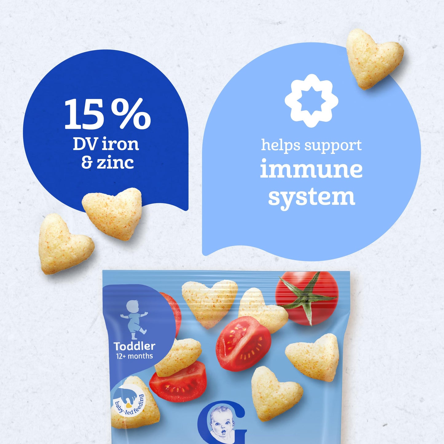 Gerber Toddler Snacks, Tomato Bliss Puffcorn Snack, Kernel Free, Heart Shaped, Zinc And Iron Helps Support Immune System, Toddle