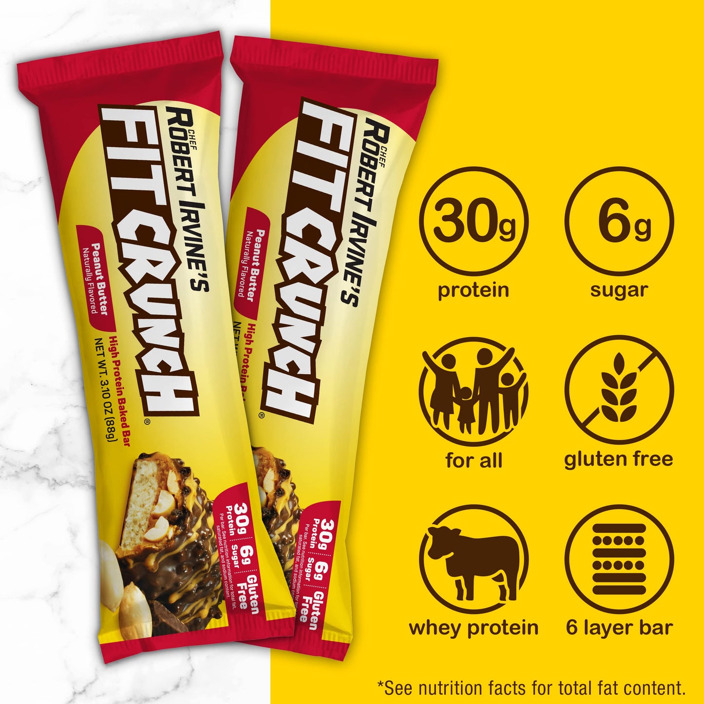 Fitcrunch Full Size Protein Bars, 6-Layer Baked Bar, 6G Of Sugar, Gluten Free & Soft Cake Core (12 Bars, Peanut Butter)