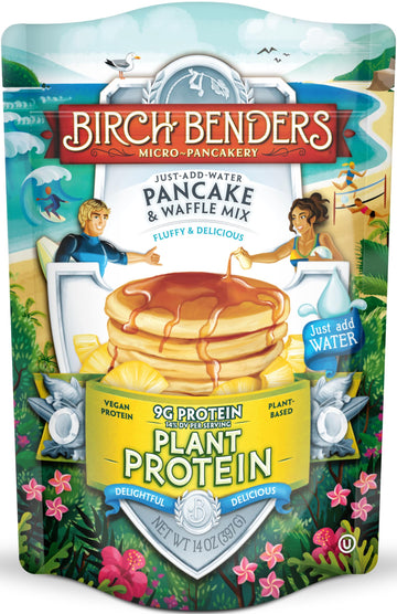 Birch Benders Vegan Plant Protein Pancake & Waffle Mix, 14 oz (Pack of 3) - 9g Protein, Whole Grains, Just Add Water