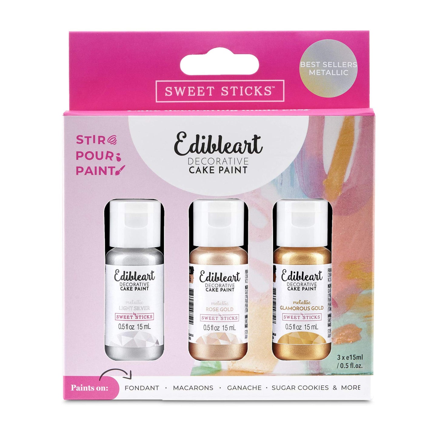 SWEET STICKS Edible Art Cake Paint Set, 3 Metallic Colors, 0.5 Fl Oz (Pack of 3)