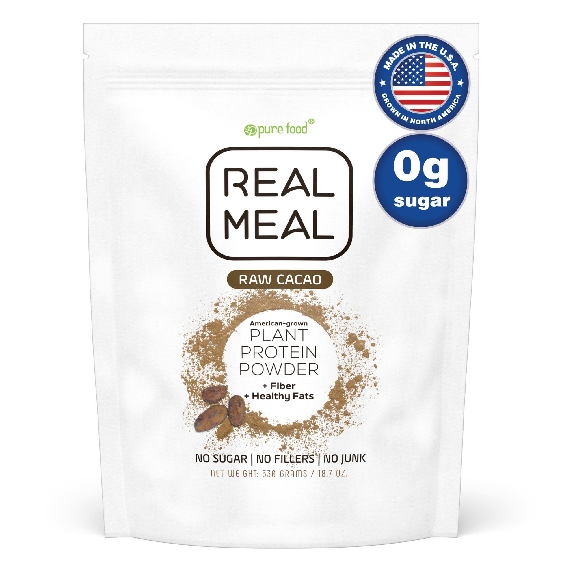 Pure Food Vegan Protein Powder - Organic, Gluten-Free, Low-Carb, High-Fiber, 530g Raw Cacao (Chocolate) Flavor