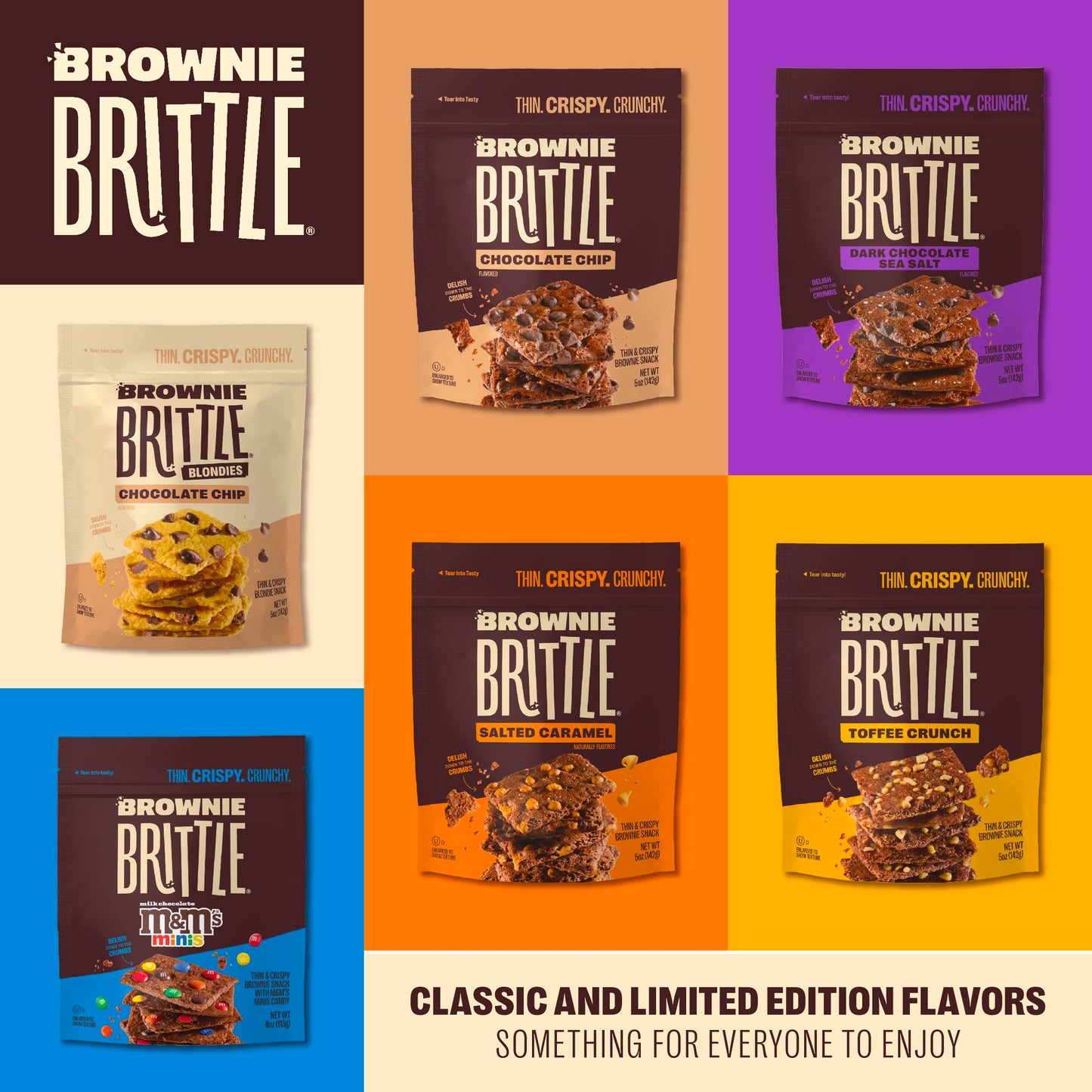 Brownie Brittle - Chocolate Chip Blondie Thin And Crispy Sweet Snacks (Pack Of 6, 5 Oz), Rich Gourmet Brownie Bites Dessert