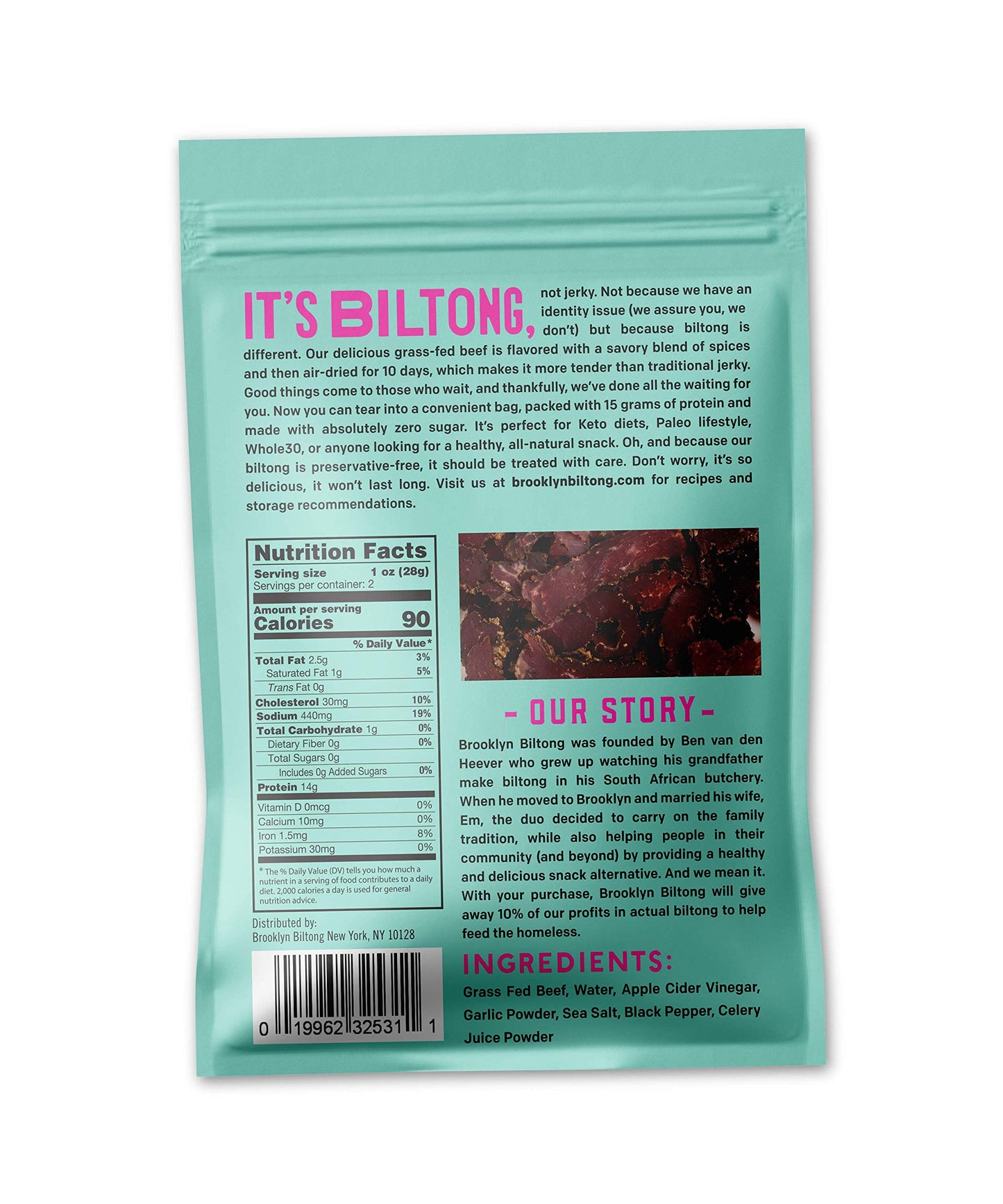 Brooklyn Biltong Air Dried Beef Snack, Whole30, Paleo, Keto, Gluten Free, 2 oz, Made in USA