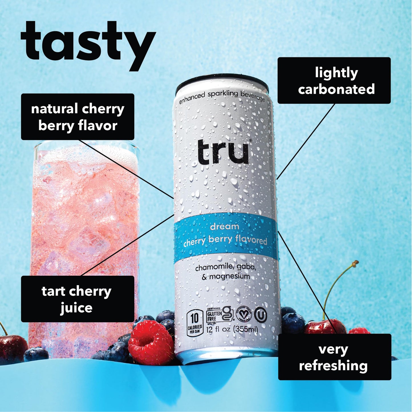 Tru Dream Seltzer Calming Drinks, Tart Cherry Flavor, 12 Fl Oz, Pack of 24, Vegan, Gluten Free, No Sugar Added