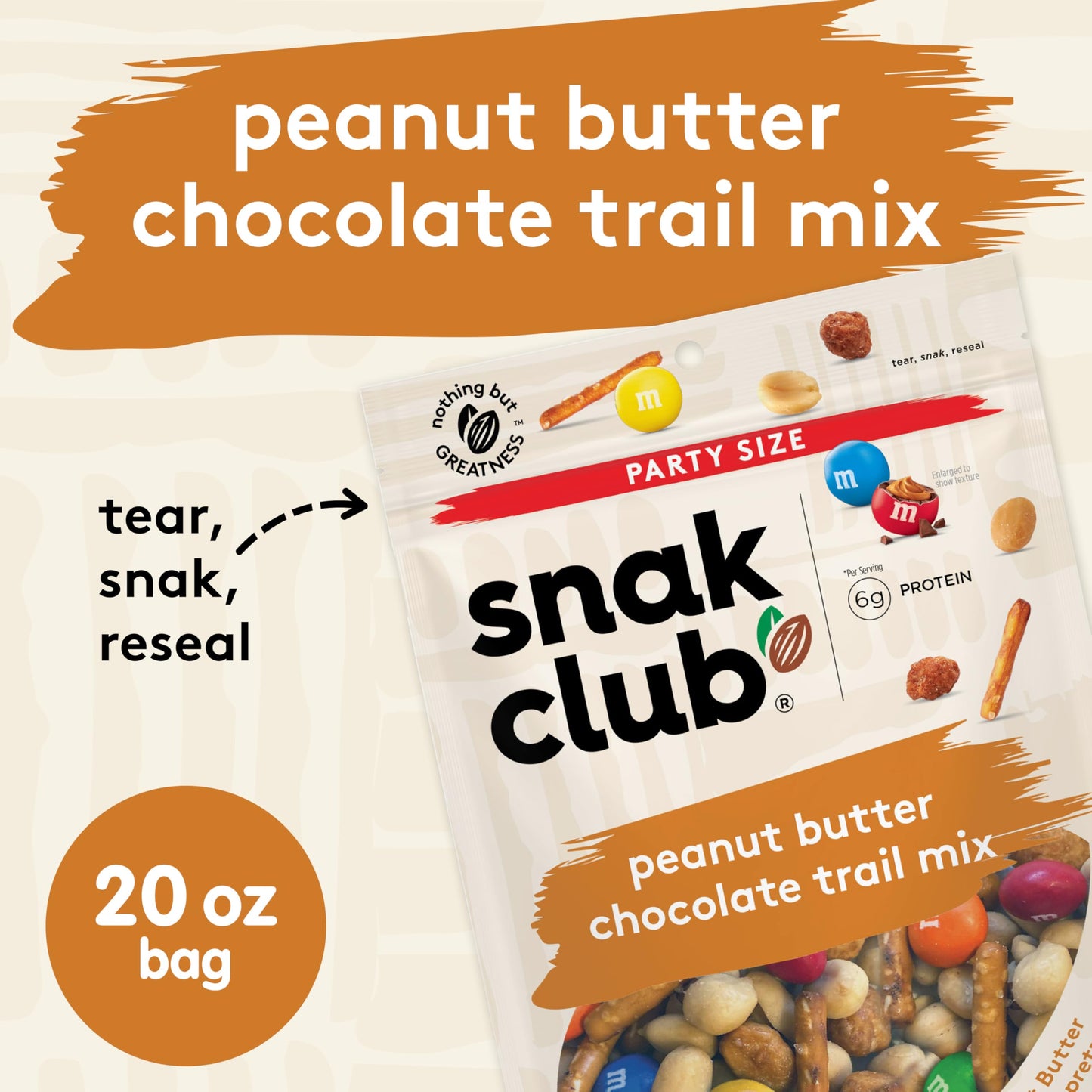 Snak Club Peanut Butter Chocolate Trail Mix with Peanuts, Peanut Butter M&MS, Toffee Peanuts, and Pretzels, 20 oz Resealable Bag