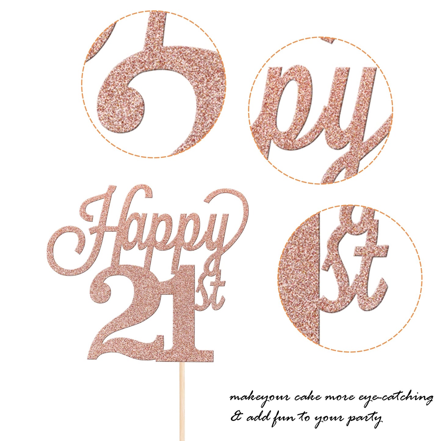 YCTHUNFISH Happy 21st Cake Topper Black Glitter Number 21, Rose Gold Bamboo Decoration for Birthday Party