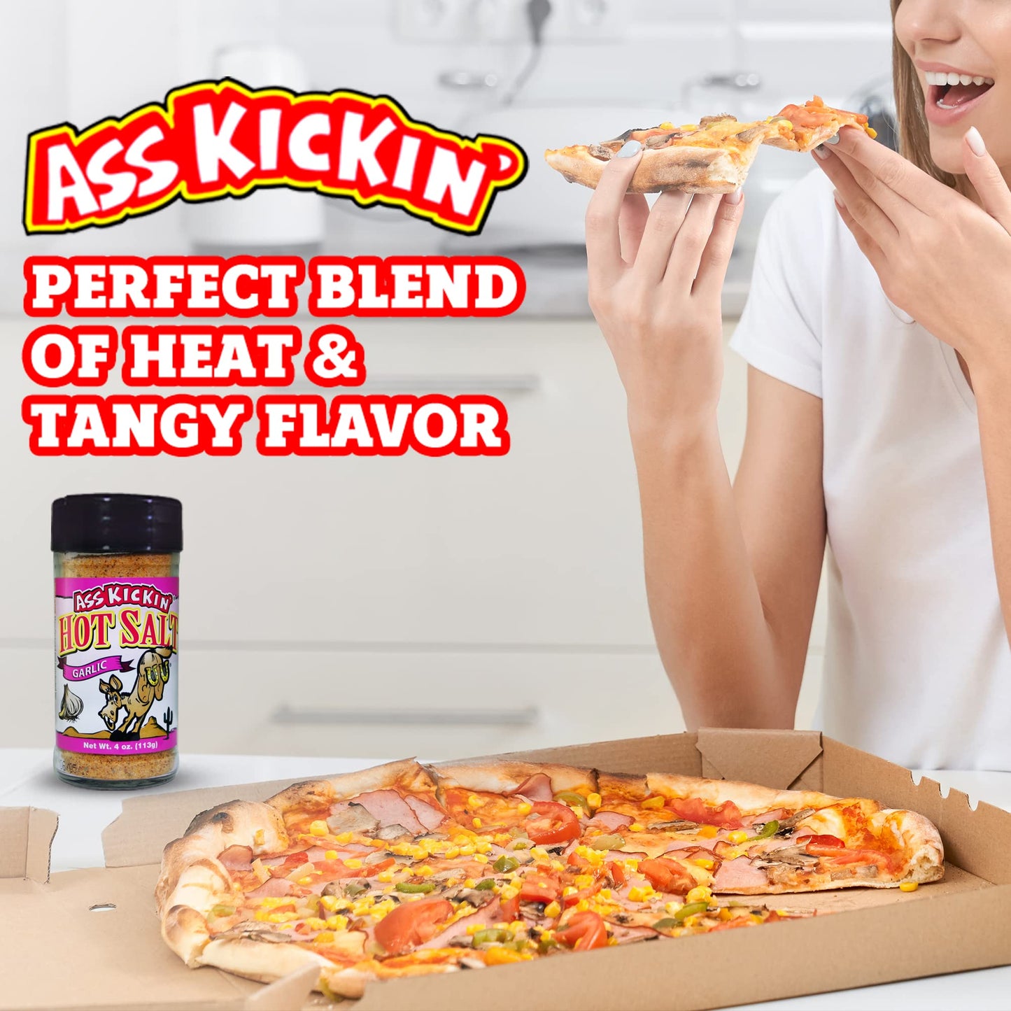 ASS KICKIN Hot & Spicy Garlic Salt - 4oz Shaker Jar - Gourmet Seasoning for Popcorn, Fries, and More