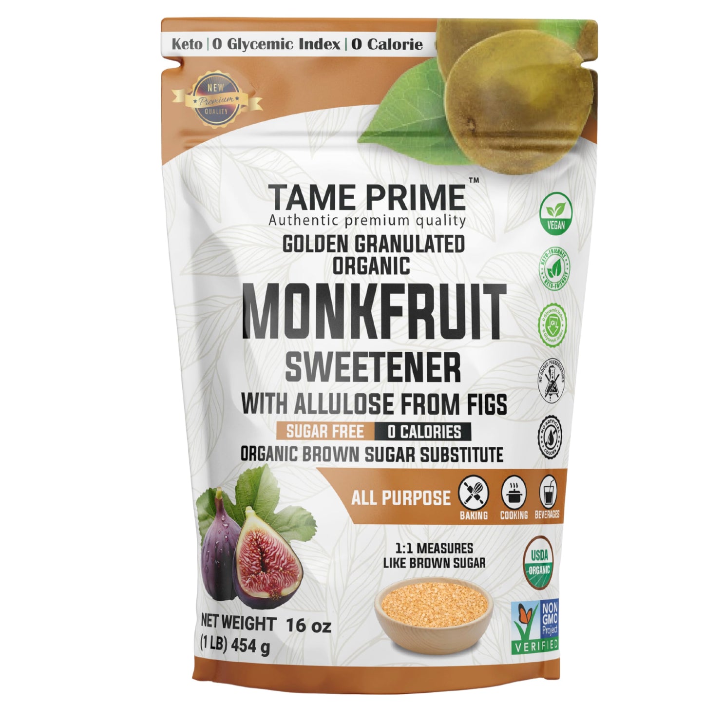 TAME PRIME Organic Brown Monkfruit Sweetener with Allulose, 16 oz, Zero Calories, Keto-Friendly, Sugar Substitute