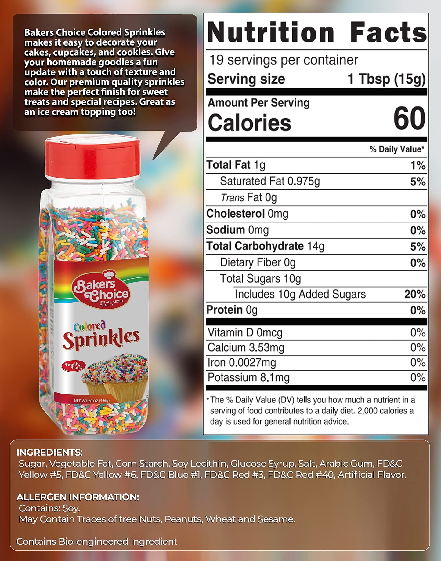 Bakers Choice Rainbow Sprinkles For Baking - Rainbow Jimmies Sprinkles For Ice Cream Toppings - Dairy Free, Kosher 20 Oz.
