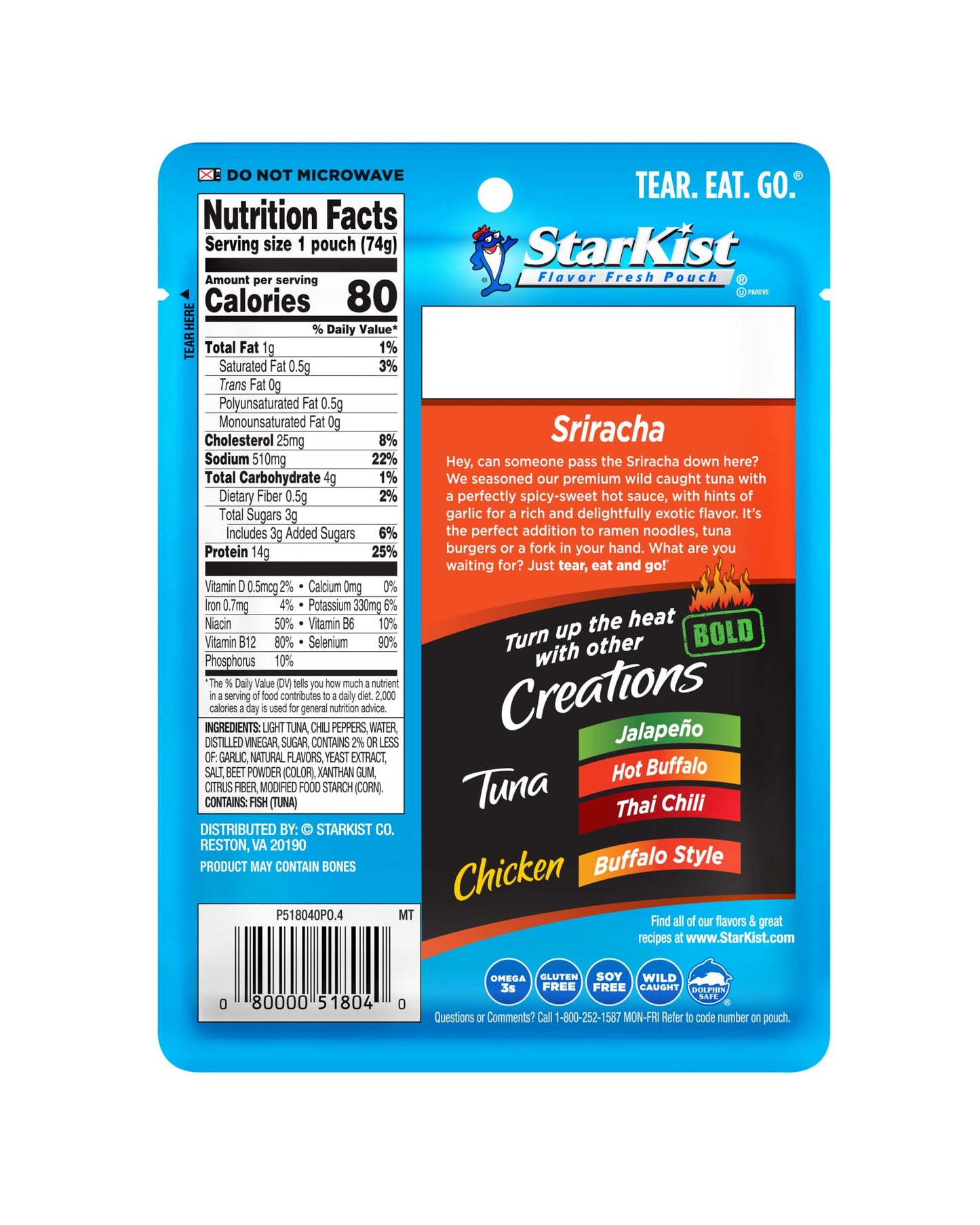 Starkist Tuna Creations Bold, Sriracha, 2.6 Oz, Pack Of 24