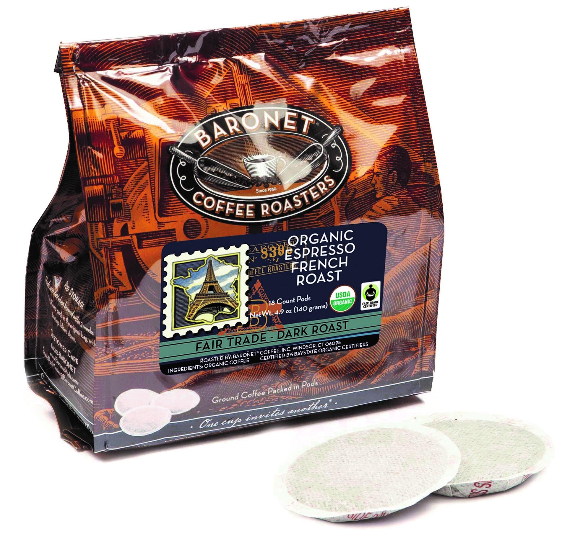 Baronet Coffee Pods Organic Espresso French Roast, 54 Pods, 18 Count (Pack of 3), Single Serve for Senseo Machine