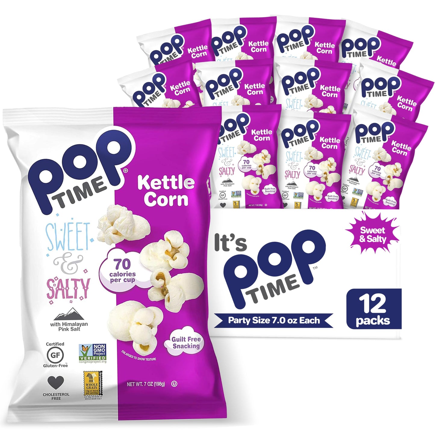 Poptime Kettle Cooked Popcorn - Sweet & Salty, 7Oz Bags (Pack Of 12), Non-Gmo, Gluten Free, Dairy Free, Kosher, Whole Grain, Low