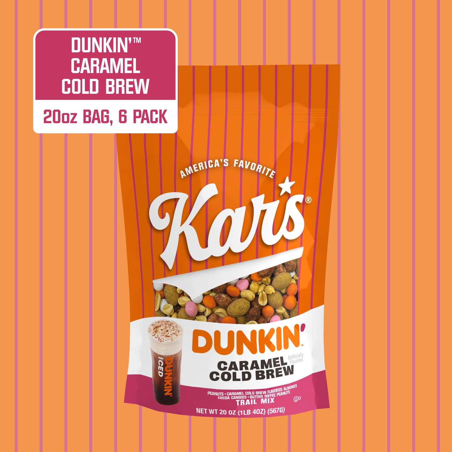 Kars Nuts Dunkin Caramel Cold Brew Mixed Nuts - Sweet Candy-Coated Nuts Mix, 20oz Resealable Pouch (Pack of 6) - Trail Mix Sweet