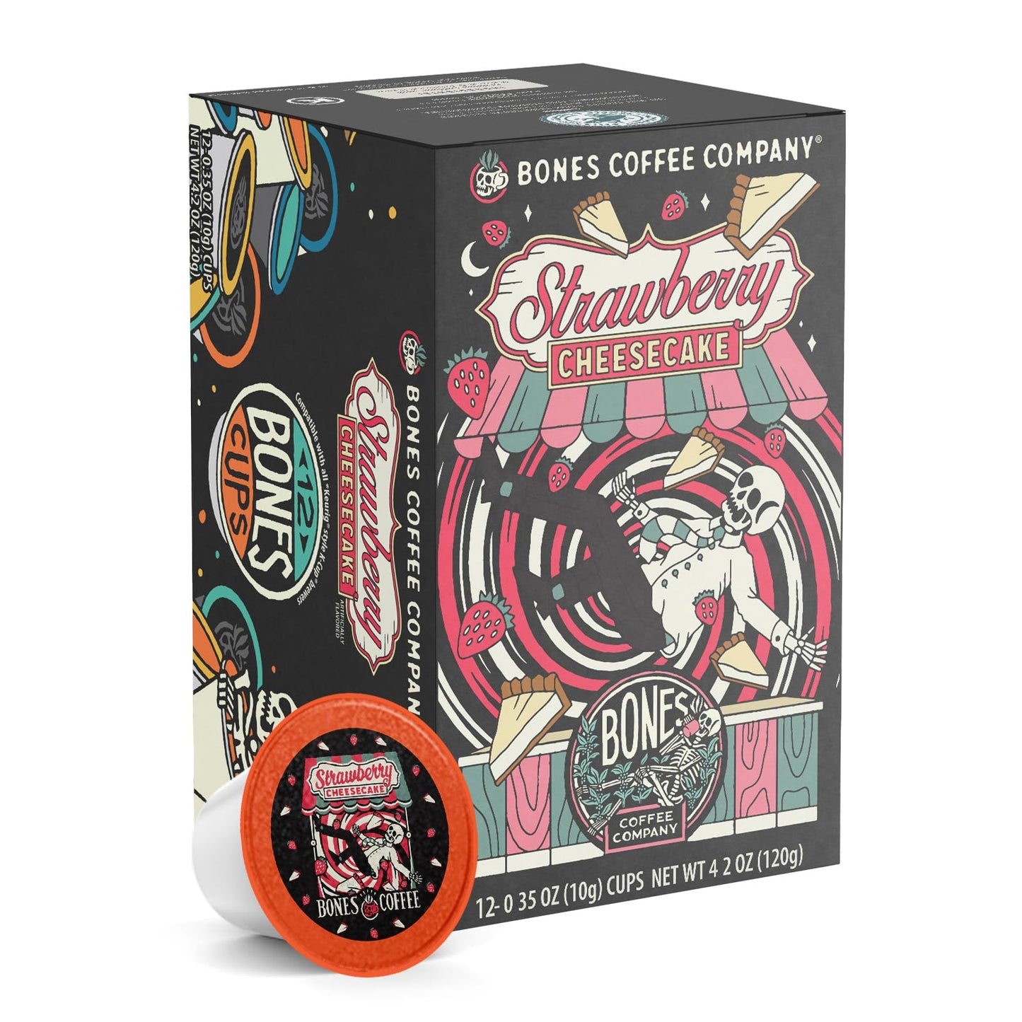 Bones Coffee Company Strawberry Cheesecake Flavored Coffee Pods, Low Acid Medium Roast Single-Serve Bones Cups, Compatible With 1.0 & 2.0 K-Cups Malt-Inspired Coffee Maker, 12 Count