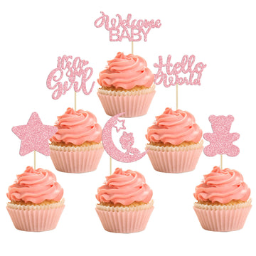 Gyufise 24Pcs Baby Girl Cupcake Toppers With Moon Glitter Star Bear Hello World It'S A Girl Baby Shower Cupcake Picks Gender Rev