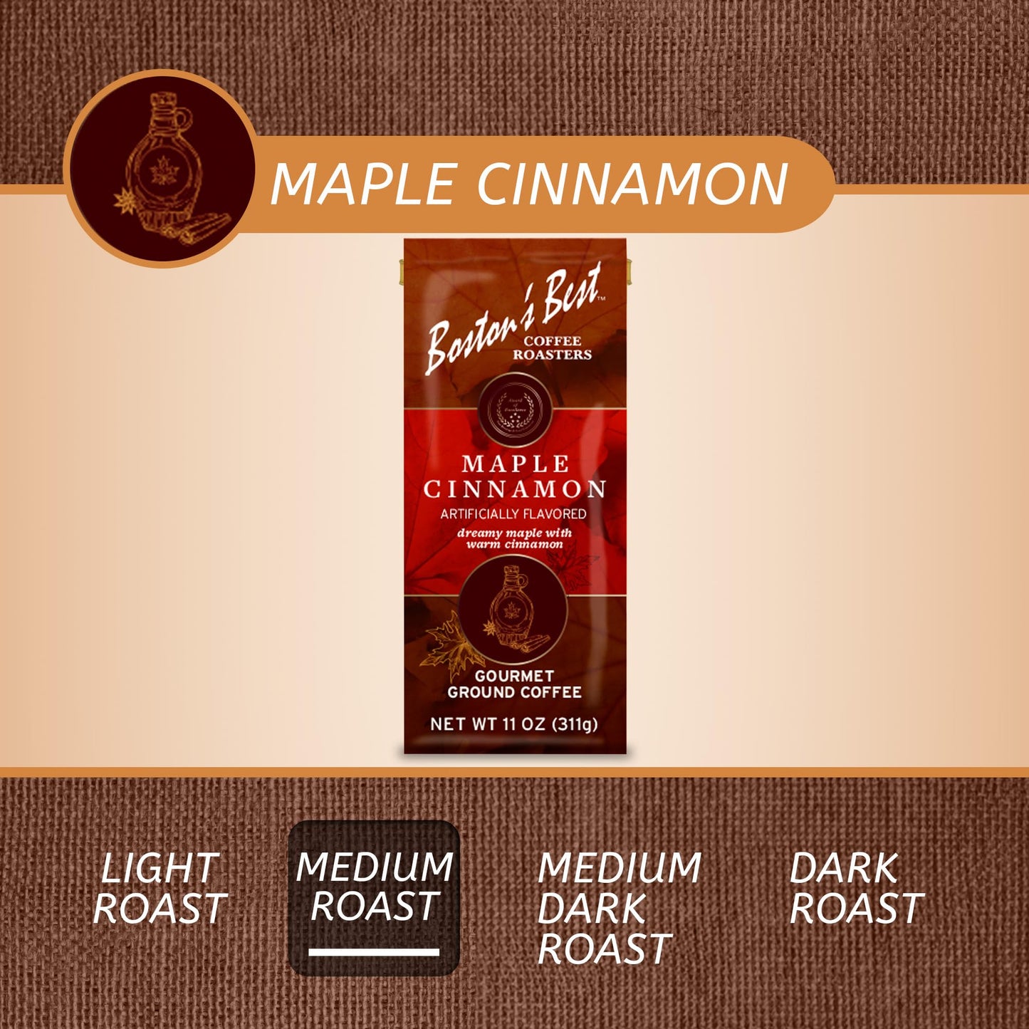 Bostons Best Coffee - Maple Cinnamon Flavored Gourmet Ground Coffee, 11 oz.