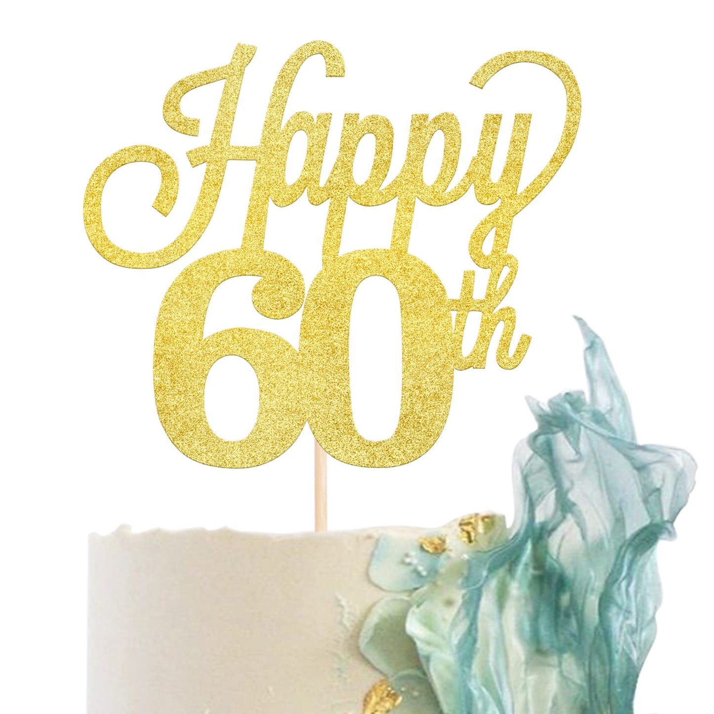 YCTHUNFISH 60th Birthday Cake Topper, Black Glitter Number 60, Bamboo Material, Gold Color, Party Supplies for Anniversary Celebrations