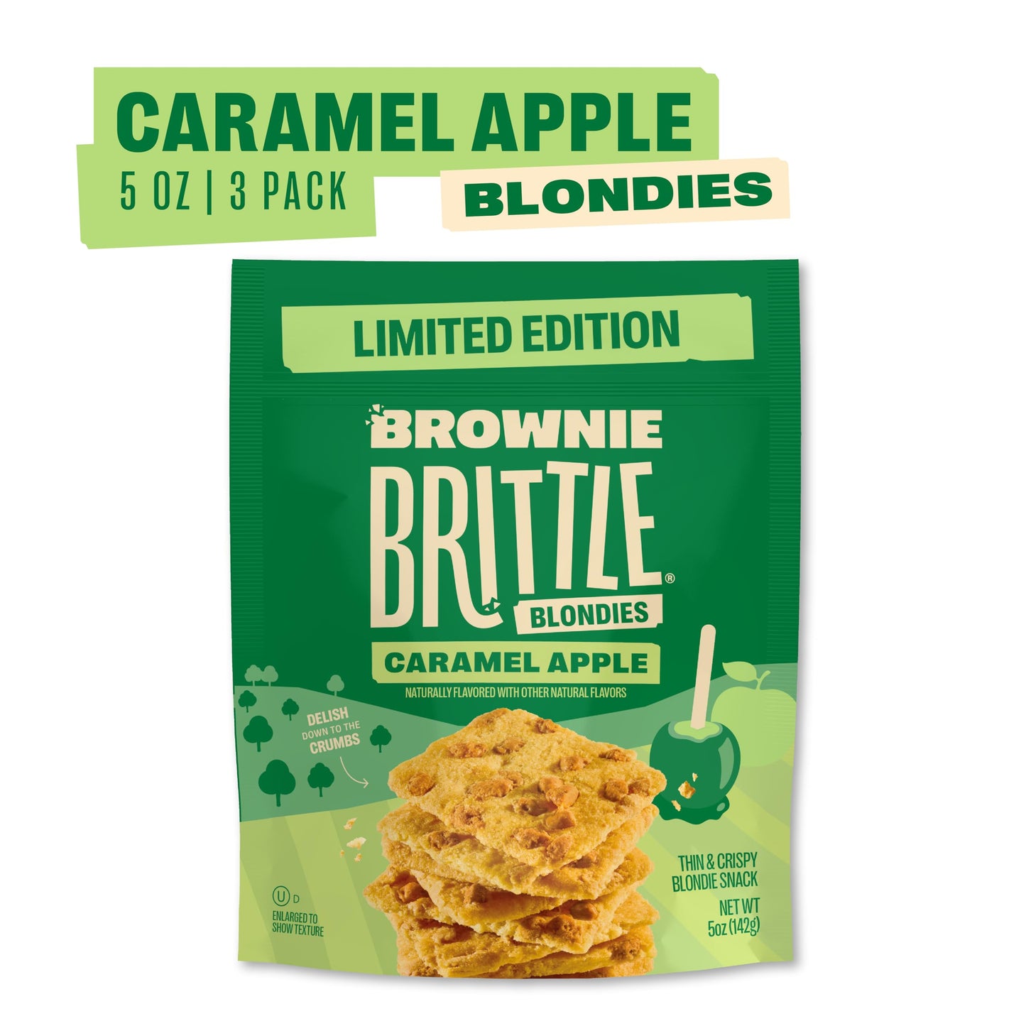 Brownie Brittle - Caramel Apple Blondie Thin and Crispy Sweet Snacks (Pack of 3, 5 oz), Rich Gourmet Brownie Bites Dessert