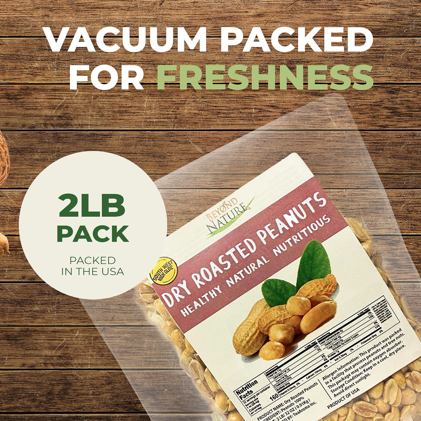 Beyond Nature Dry Roasted Peanuts - Unsalted 2 Pound (32 oz) Vacuum Sealed Non GMO, No Oil & No Salt, Low Carb, Keto Friendly &