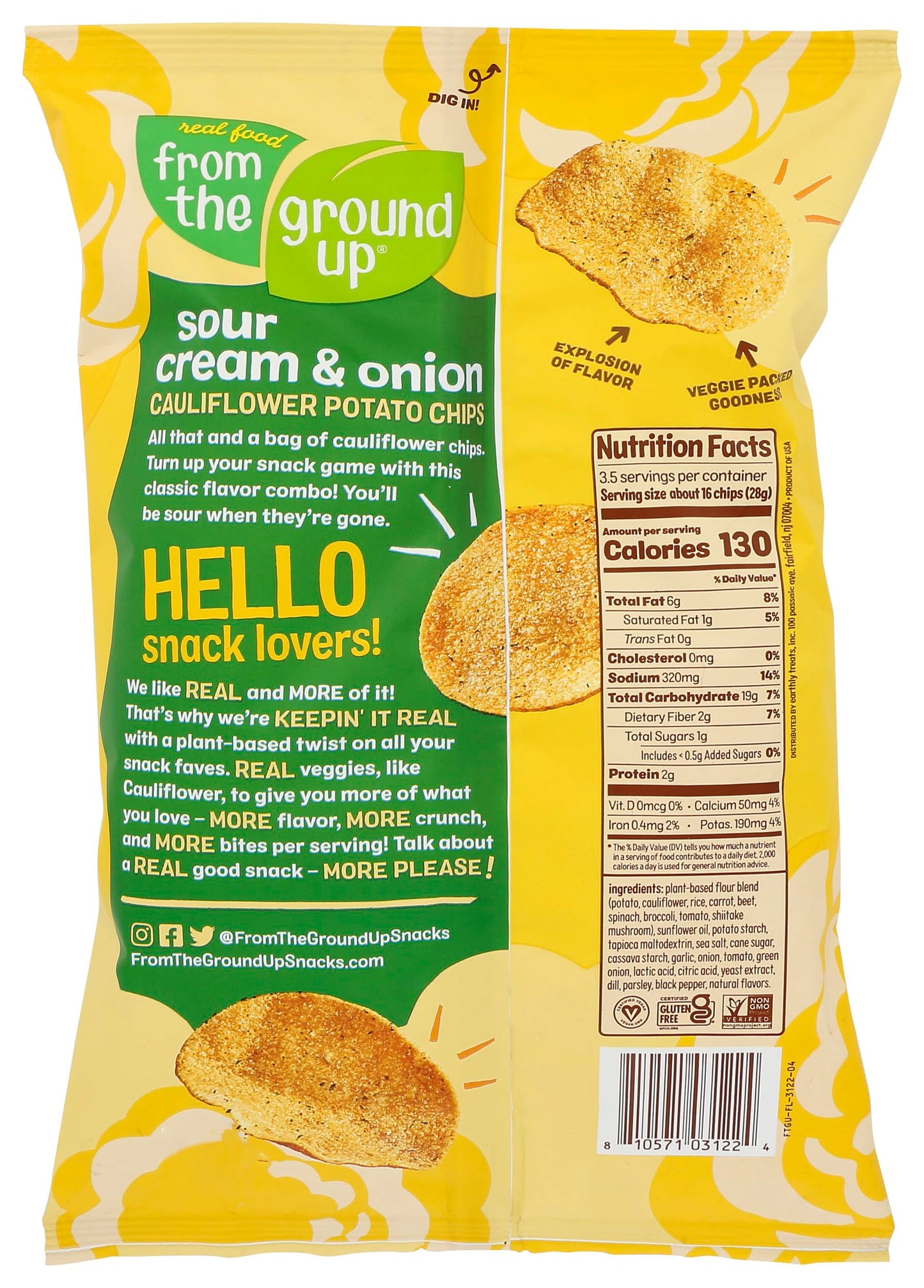 REAL FOOD FROM THE GROUND UP Sour Cream & Onion Cauliflower Chips, 3.5 OZ, Pack of 1