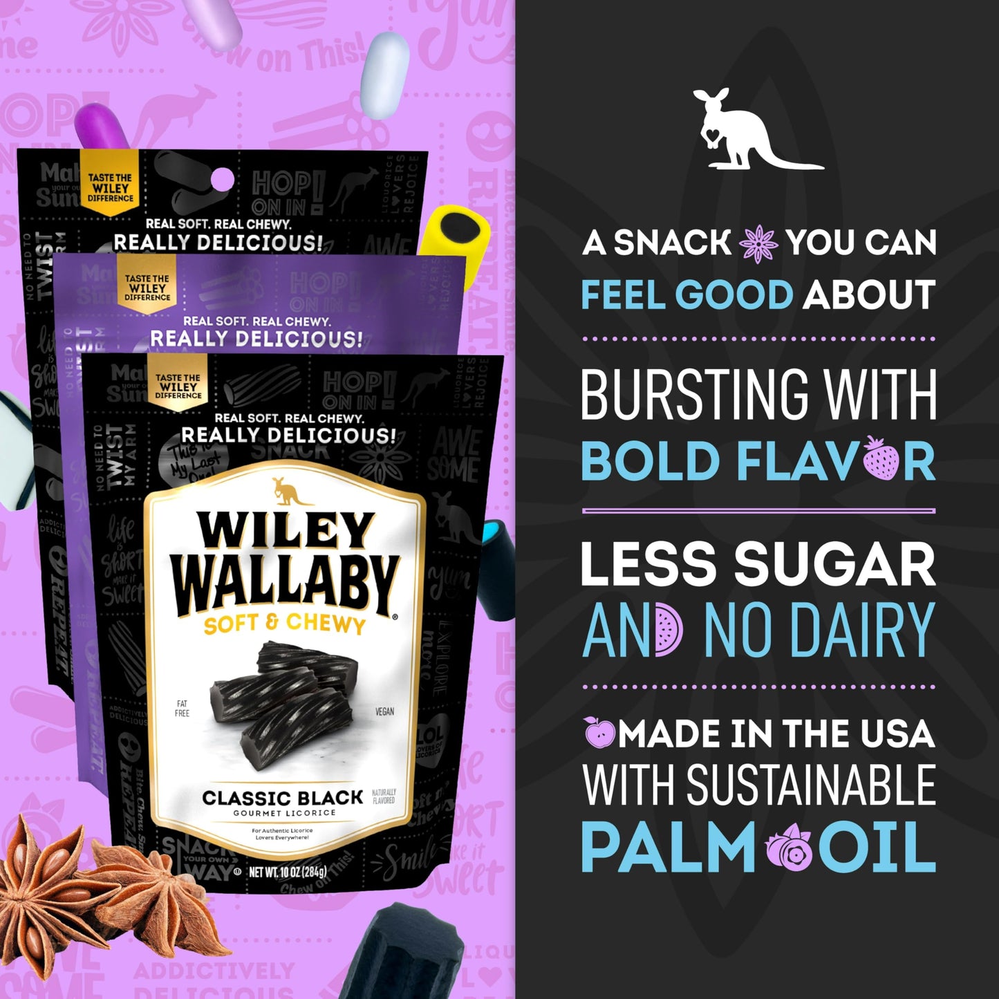 Wiley Wallaby Black Licorice Variety Pack - All Sorts, Black Beans & Black Classic Gourmet Australian Style Soft & Chewy Licoric
