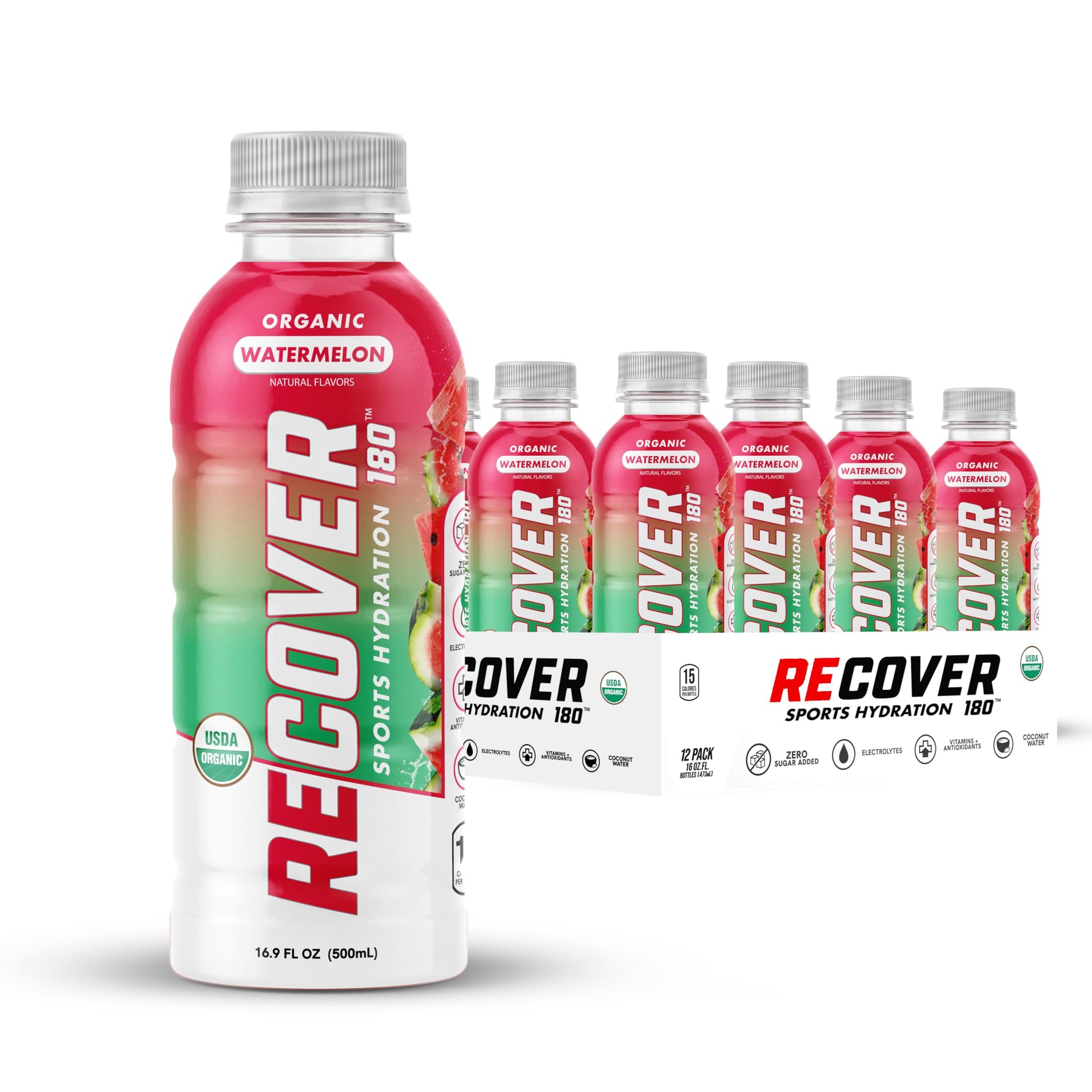 Recover 180 Organic Hydration Sports Drink, No Sugar Added, 15 Calorie Sports Beverage, Organic Flavors With Vitamins, Potassium