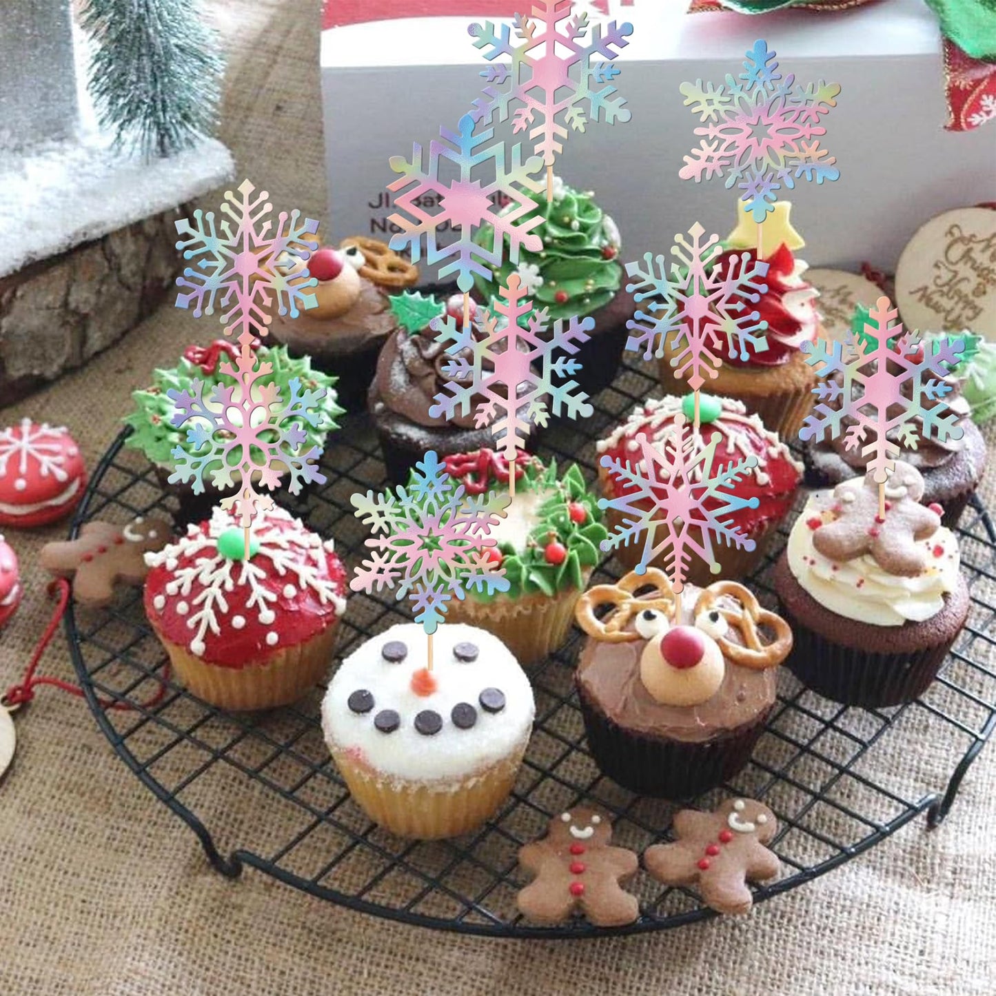 ZHUOWEISM Snowflake Cupcake Toppers - 36 PCS Glitter Winter Theme Picks, Small, Bamboo, Blue