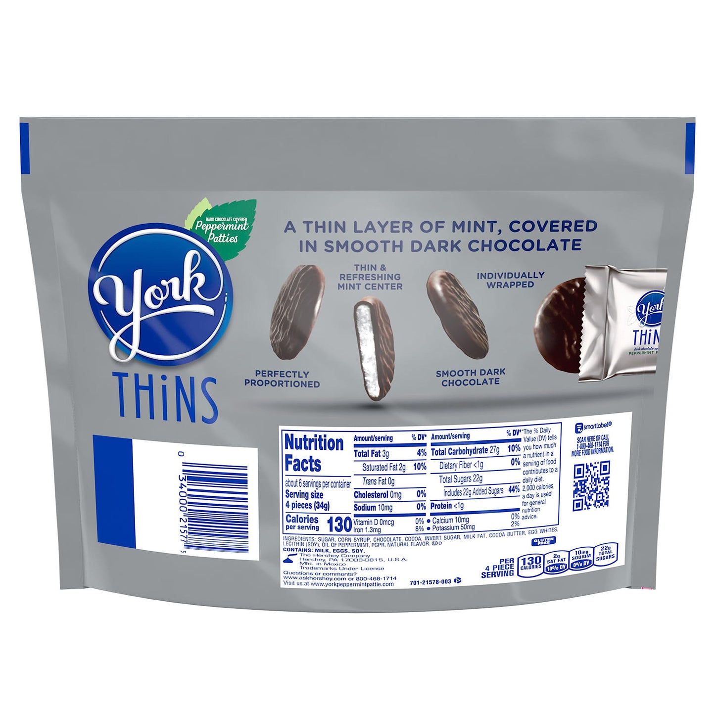 YORK THiNS Dark Chocolate Peppermint Patties, Candy Share Pack, 7.2 oz