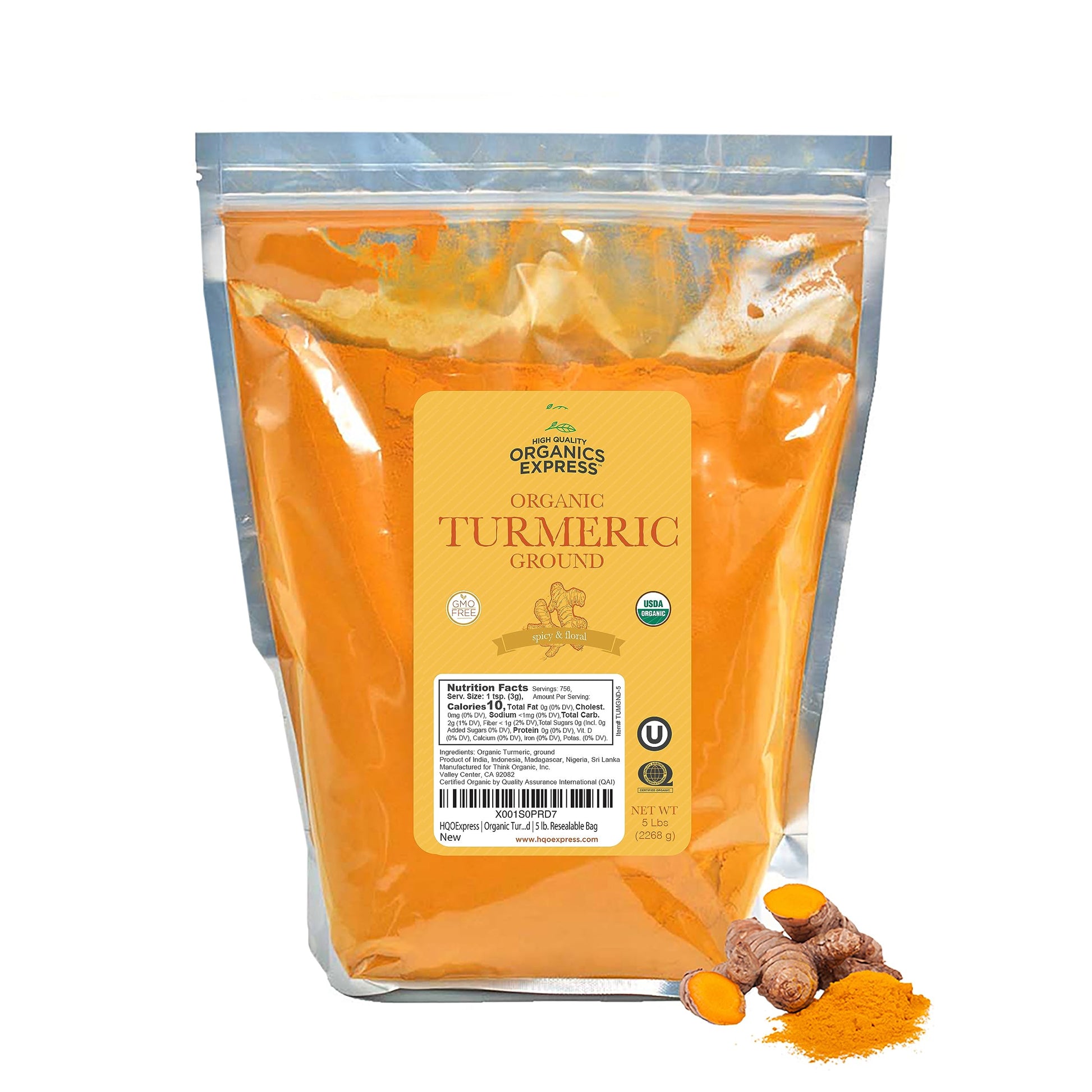 HQOExpress Bulk Organic Ground Turmeric Powder - 5 lb Value Bag (80 oz) USDA Organic | Non-GMO | Kosher | Sustainably Grown | Lab Tested | Legacy Brand Since 1977