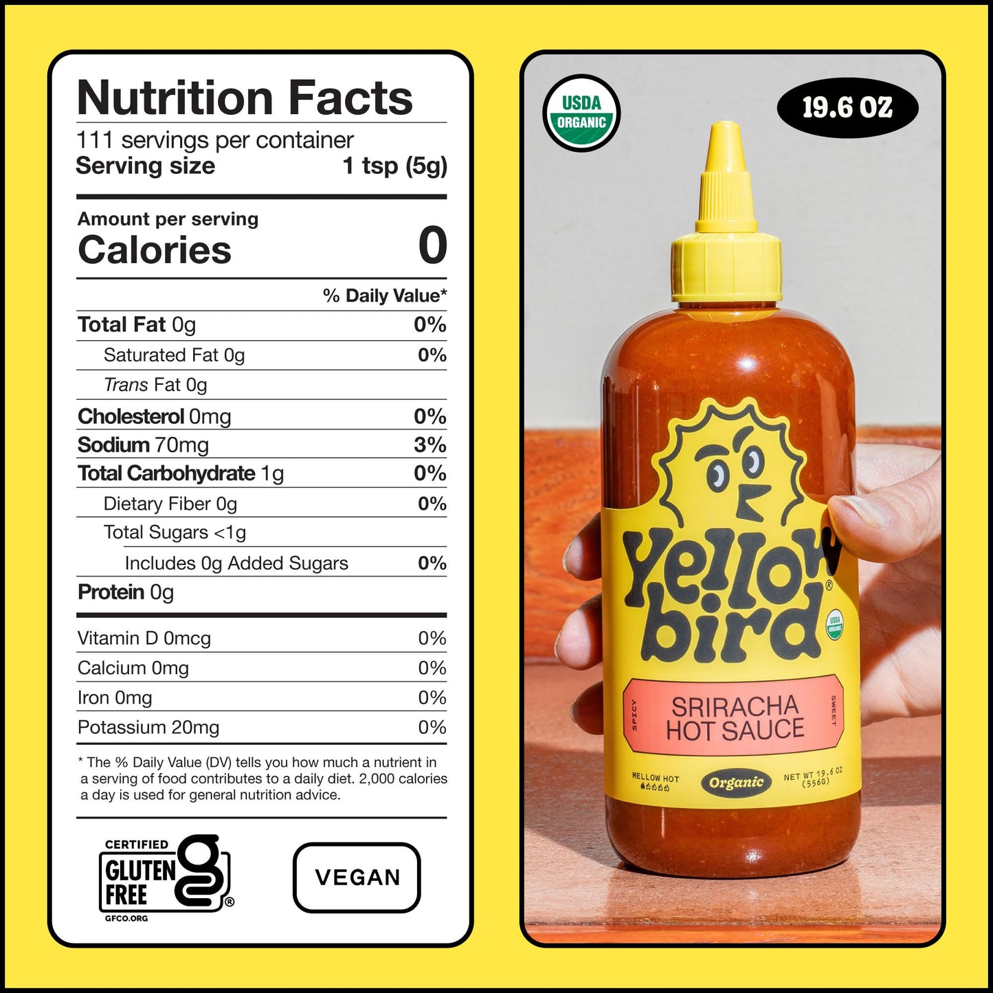Yellowbird Organic Sriracha Hot Sauce - Chili Pepper Sauce with Red Jalapenos, Agave, Garlic - 19.6 oz - Gluten Free, Non-GMO