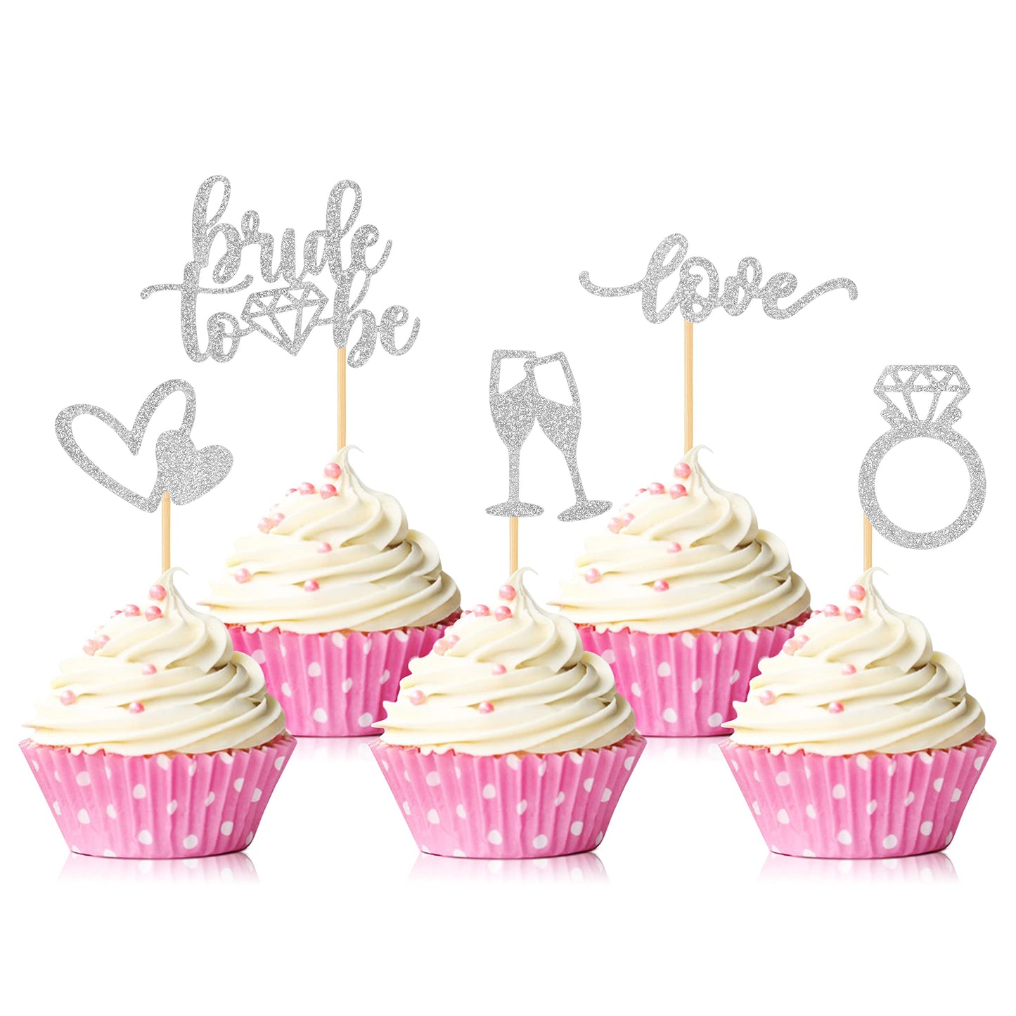 Hengmerry Glitter Diamond Ring Cupcake Toppers, 35 Pcs, Silver, Bamboo for Bridal Shower, Wedding, Engagement Party Supplies