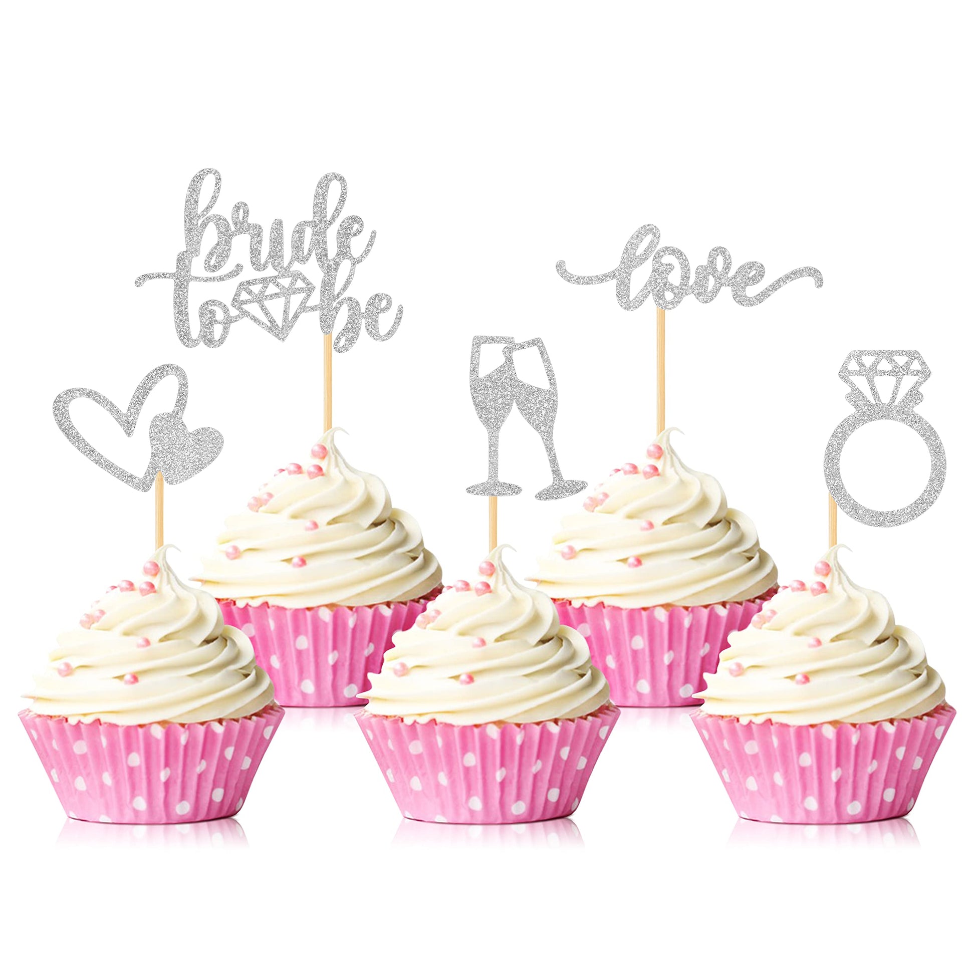 Hengmerry Glitter Diamond Ring Cupcake Toppers, 35 Pcs, Silver, Bamboo for Bridal Shower, Wedding, Engagement Party Supplies