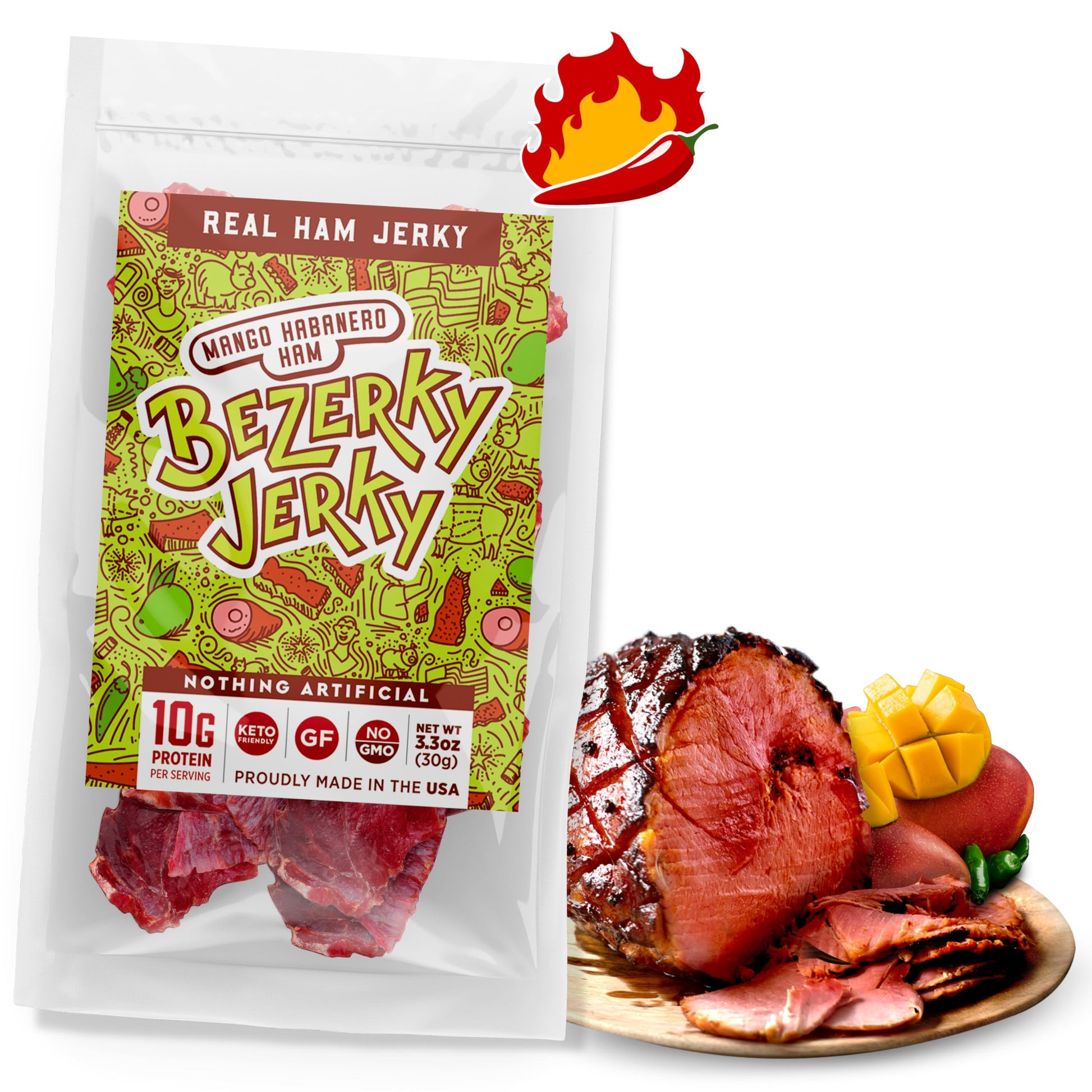 Premium Ham Jerky | Spicy Mango Habanero | Small Batch Handcrafted | All Natural Food | Healthy Keto Snack | American Made | Non