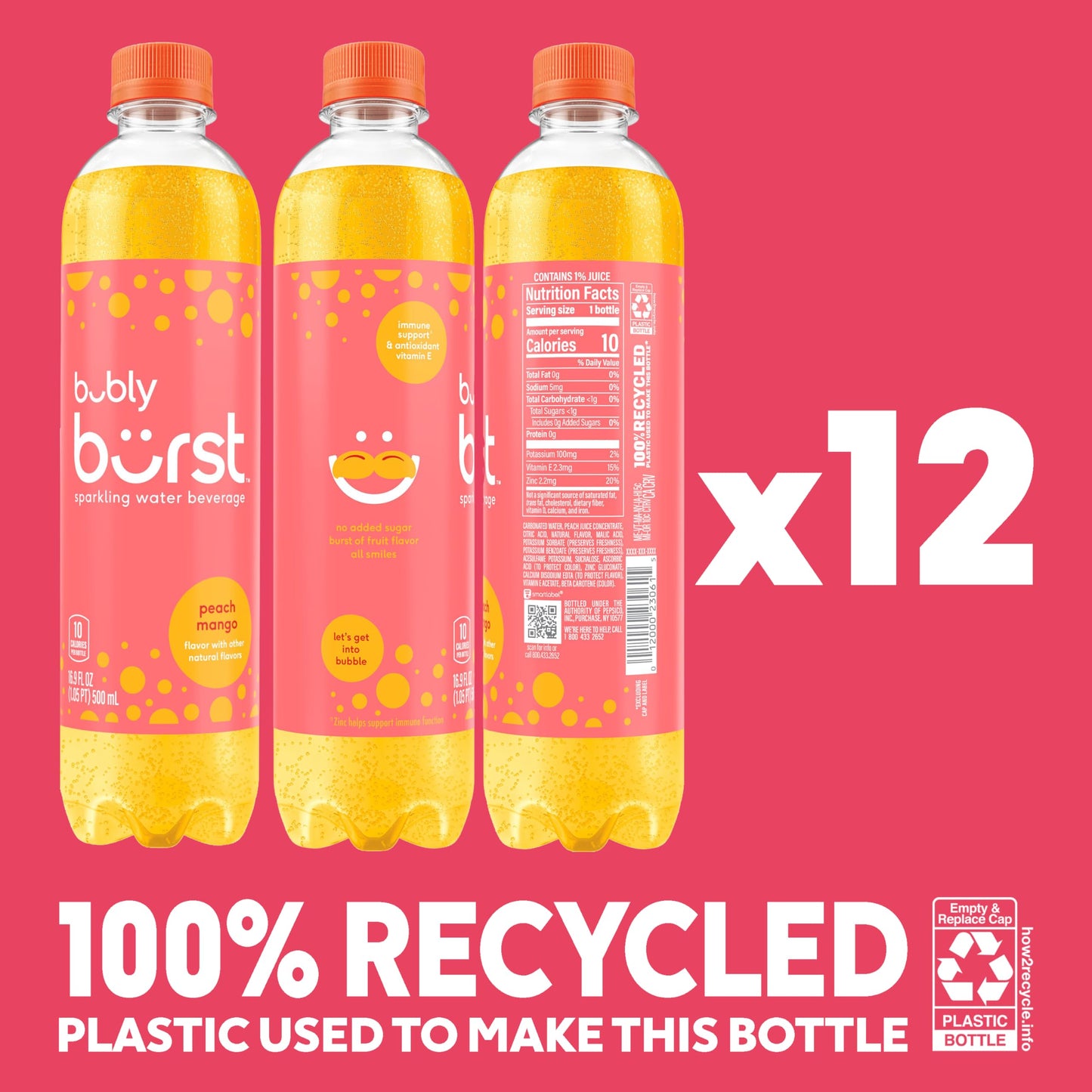 Bubly Burst, Peach Mango, 16.9 Fl Oz Bottles (Pack Of 12)