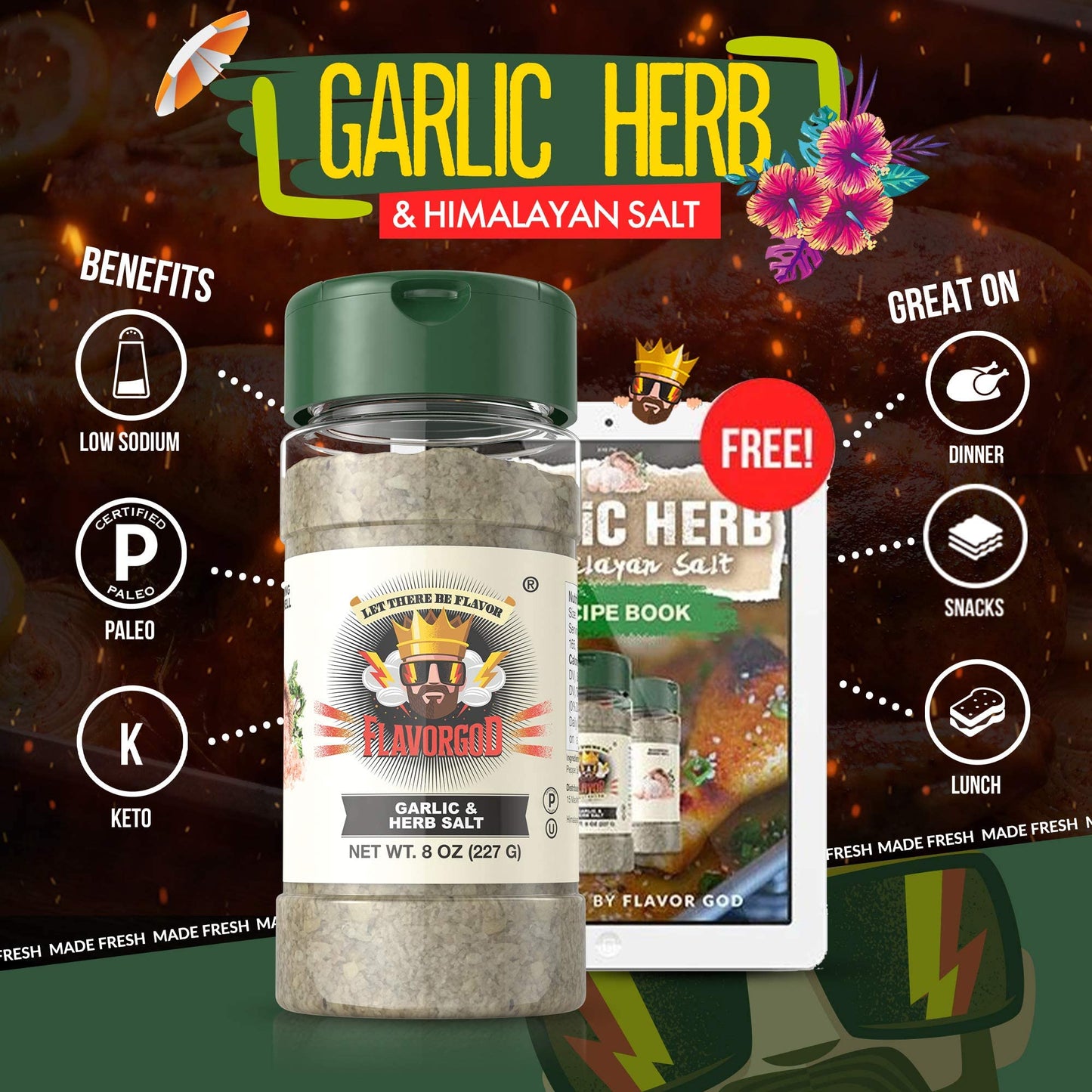 Garlic & Herb Salt Finisher, 2 Bottles By Flavor God - Enhanced All Natural & Healthy Spice & Seasoning Mix Blend For Chicken & Beef - Kosher & Low Sodium - Great Flavor Spices And Seasoning Gift