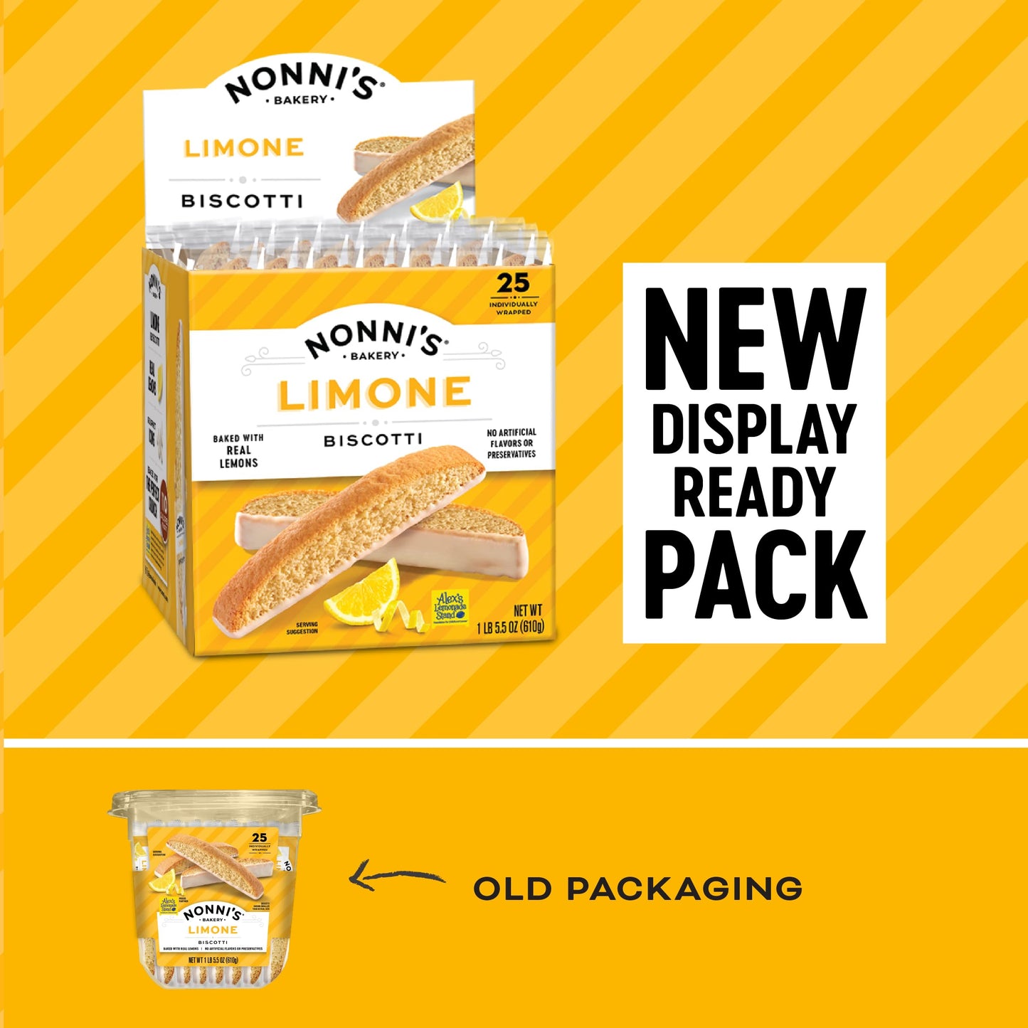 Nonnis Biscotti Cookies - Lemon-Iced, Crunchy Twice-Baked, 21.5 oz Carton, Individually Wrapped, Yellow