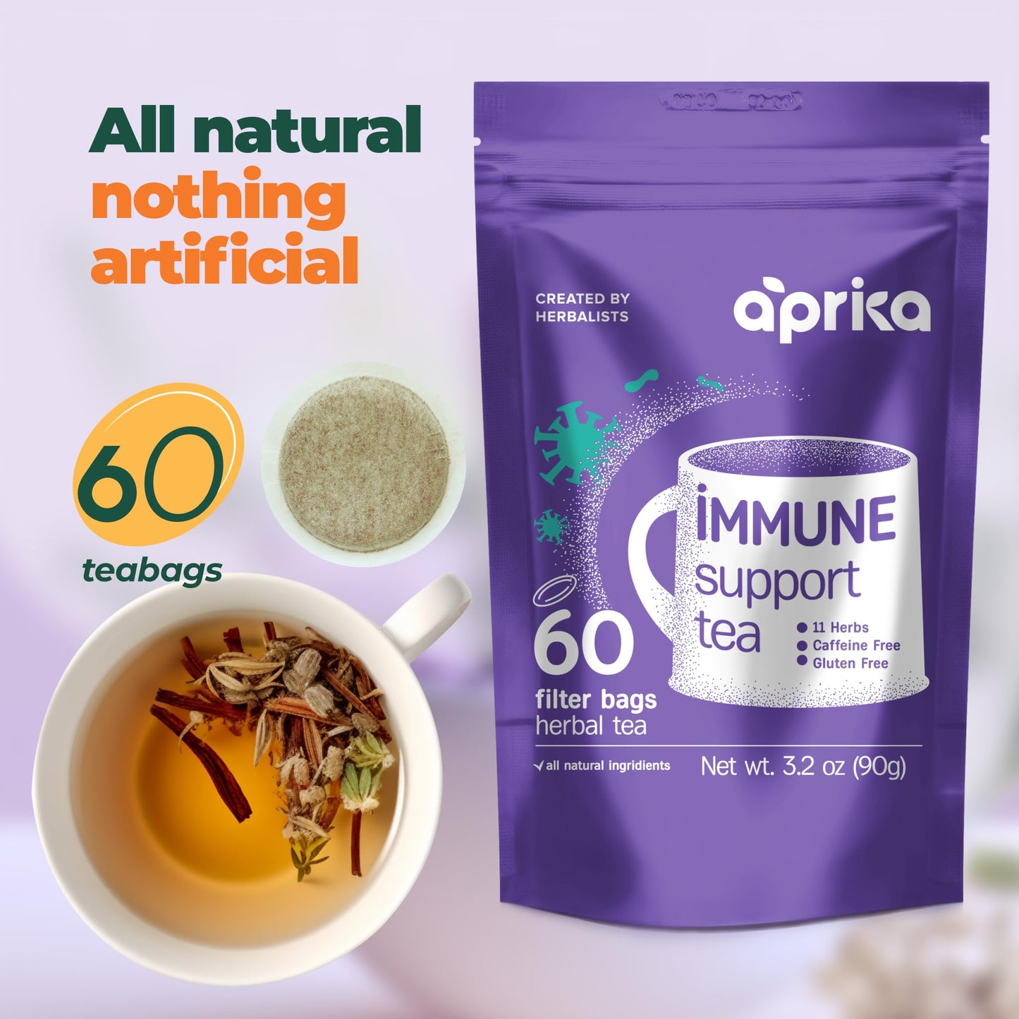 Aprika Life Immune Support Tea - 60 Bags, Rich in Vitamins & Antioxidants, with Lemon Balm, Peppermint, Rose Hips, Chamomile, Lavender, Lemongrass