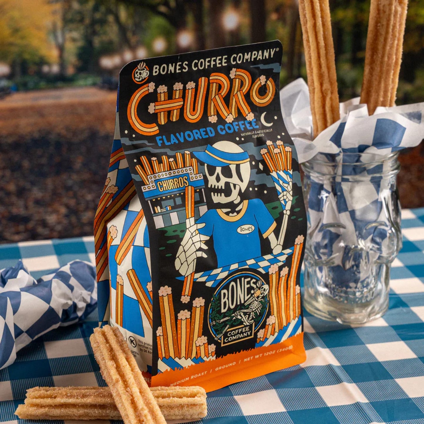 Bones Coffee Company Churro  Sweet Sugary Cinnamon Flavored Coffee  Medium Roast Low Acid Arabica Beans Compatible with Auto drip and French Press Coffee Maker  12 Oz Ground