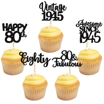 30Pcs Happy 80Th Birthday Cupcake Toppers Glitter Awesome Since 1943 Eighty 80 Fabulous Vintage 1943 Cupcake Picks For 80Th Birt