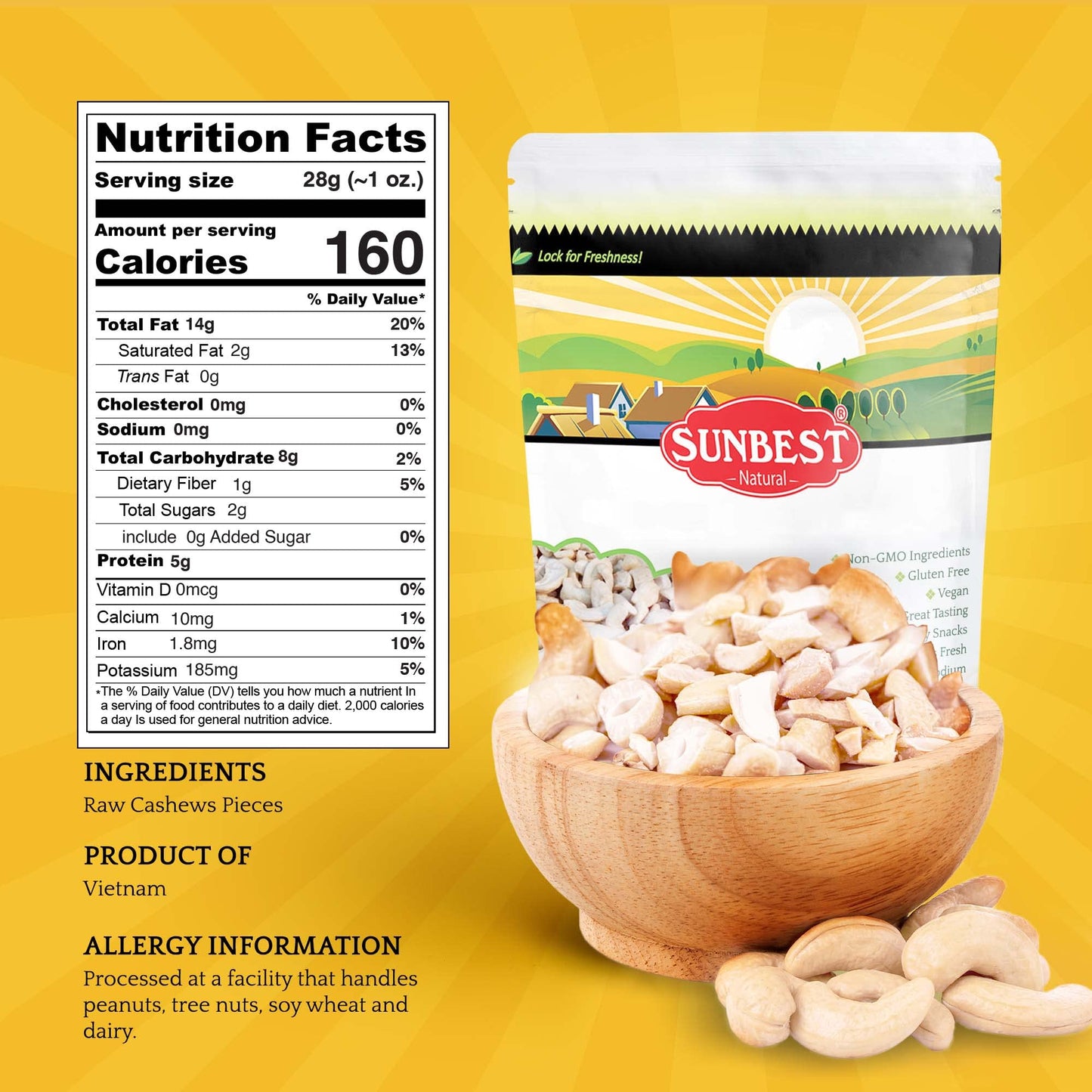 Sunbest Natural - Raw Cashew Pieces, Unroasted & Unsalted Cashews For Cooking, Baking, & Toppings, On-The-Go Vegan Snack, Non-Gmo Cashew Nuts Bulk In Resealable Bag, 5 Lbs
