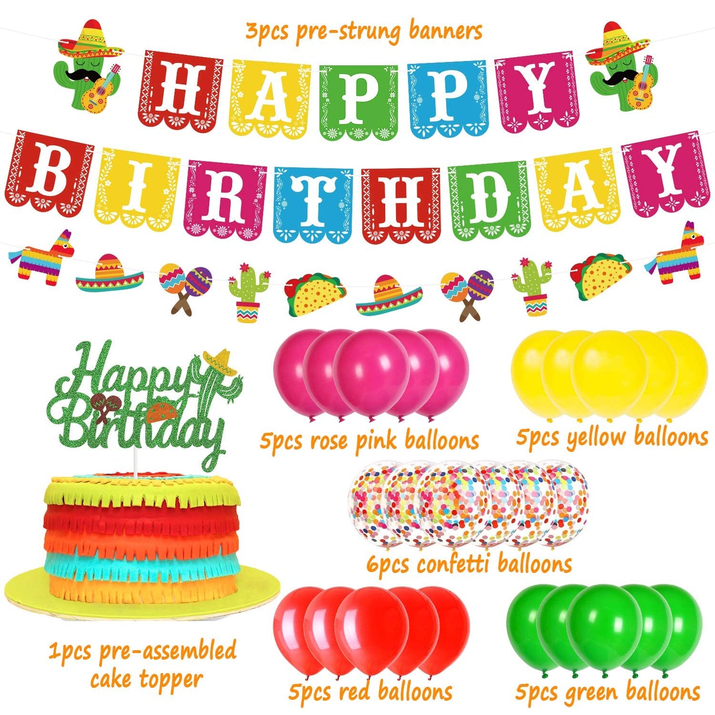Mexican Themed Birthday Party Supplies, Fiesta Birthday Banner And Cake Topper, Taco Party Decorations For Kids